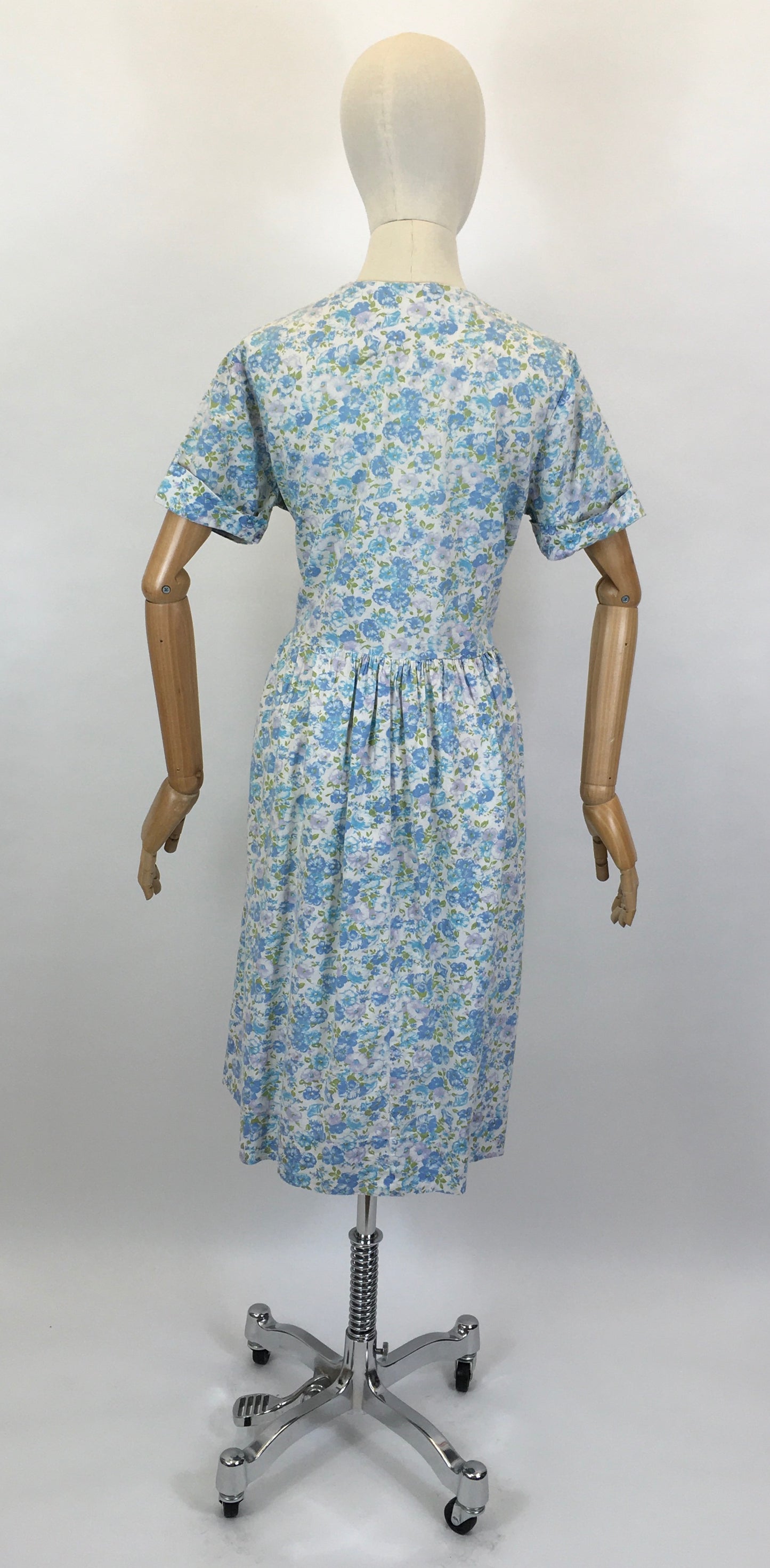 Original 1950’s Floral Cotton Wrap Dress - In A Blue, Green & White Colour Pallet