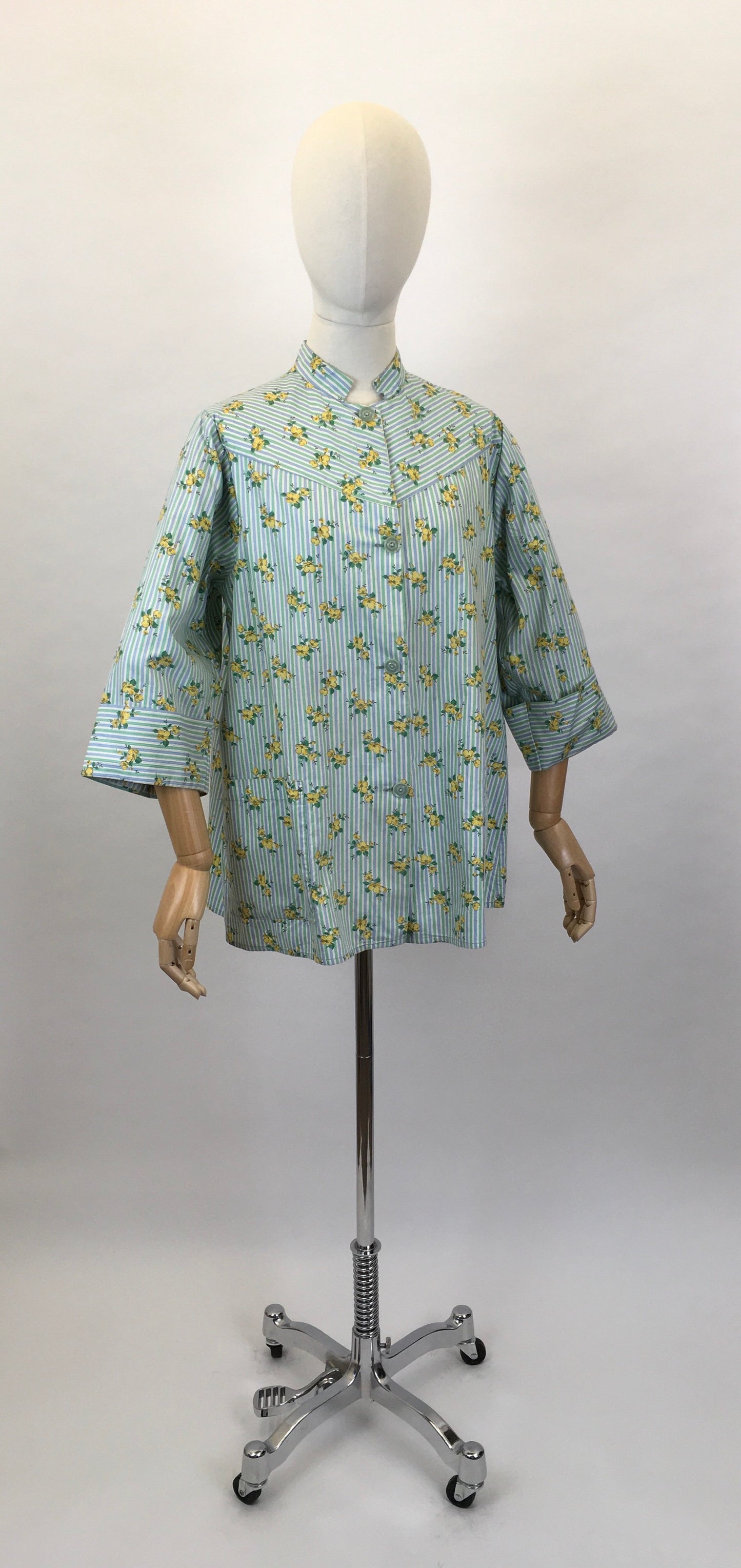 Original 1950s Smock Made By ‘ Country Reg’d ‘ - In a Lovely Contrast Floral and Stripe in Soft Greens, Blues and Buttercup Yellows