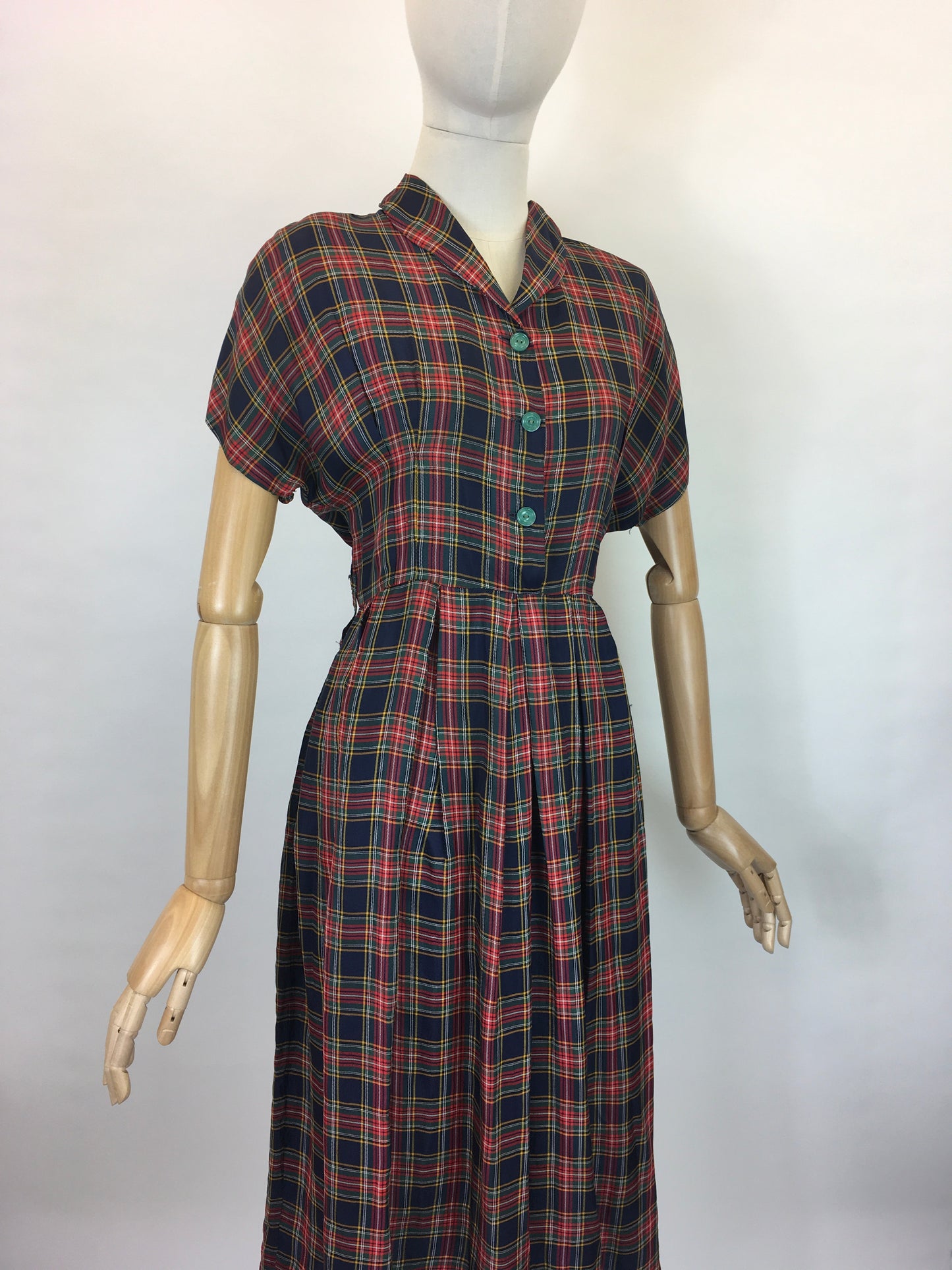 Original 1940’s Plaid Dress - In Rich Blues, Burgundy’s, Old Gold and Forest Greens