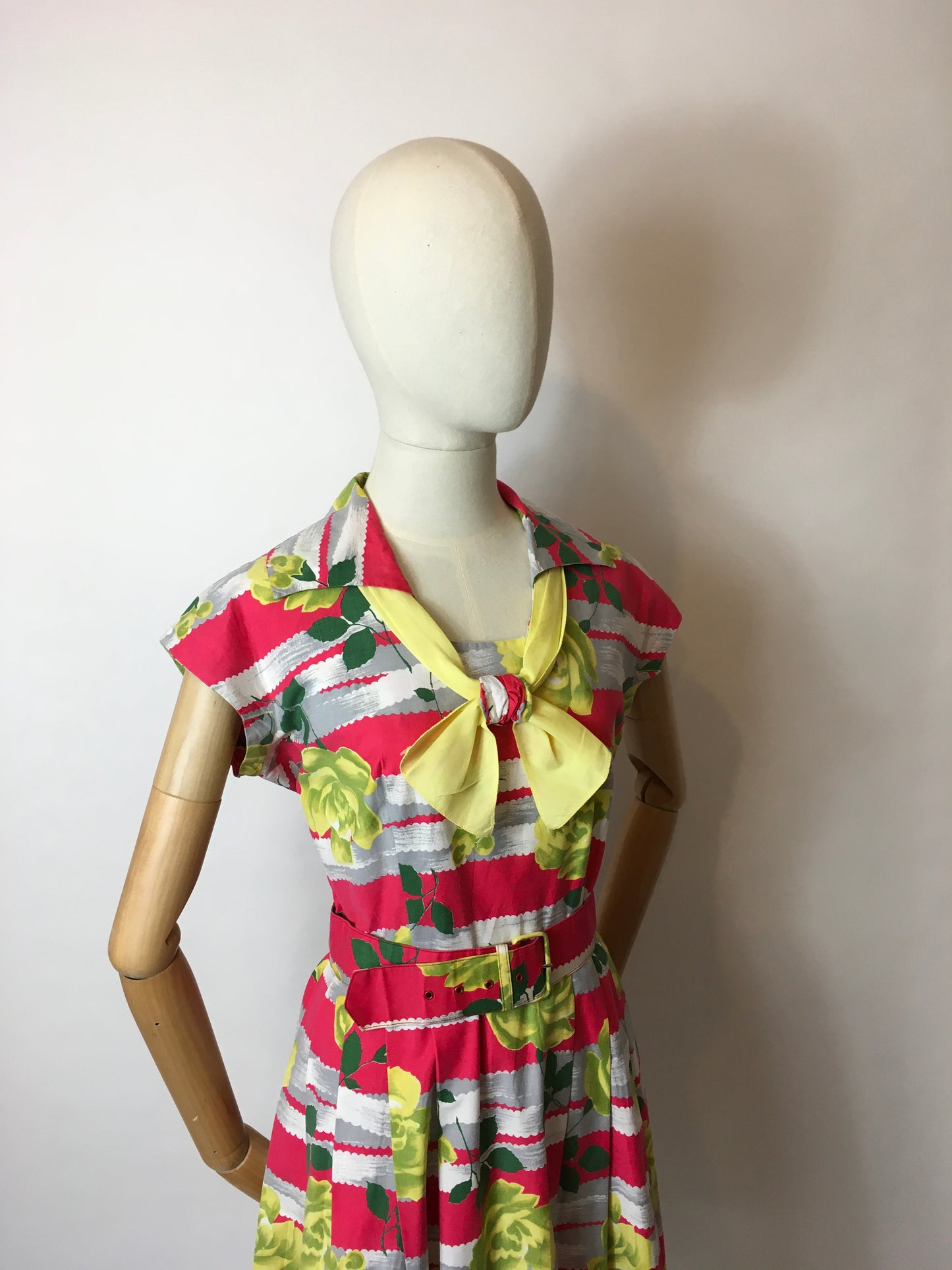 Original 1950s Cotton Day Dress - In a Fabulous Floral Cotton in Bright Pinks, Yellows & Greens