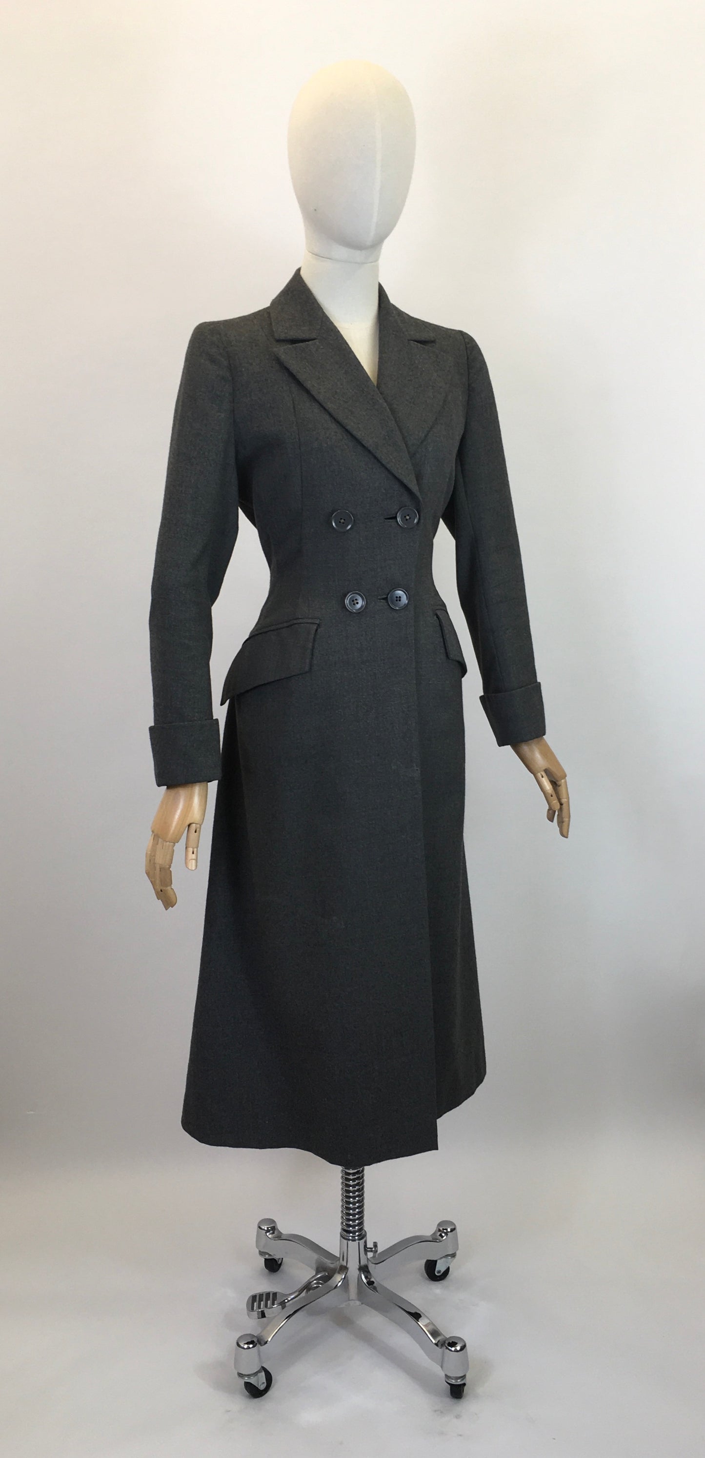 Original 1940's Fabulous Wartime Coat - In A Dark Charcoal Grey With Beautiful Details