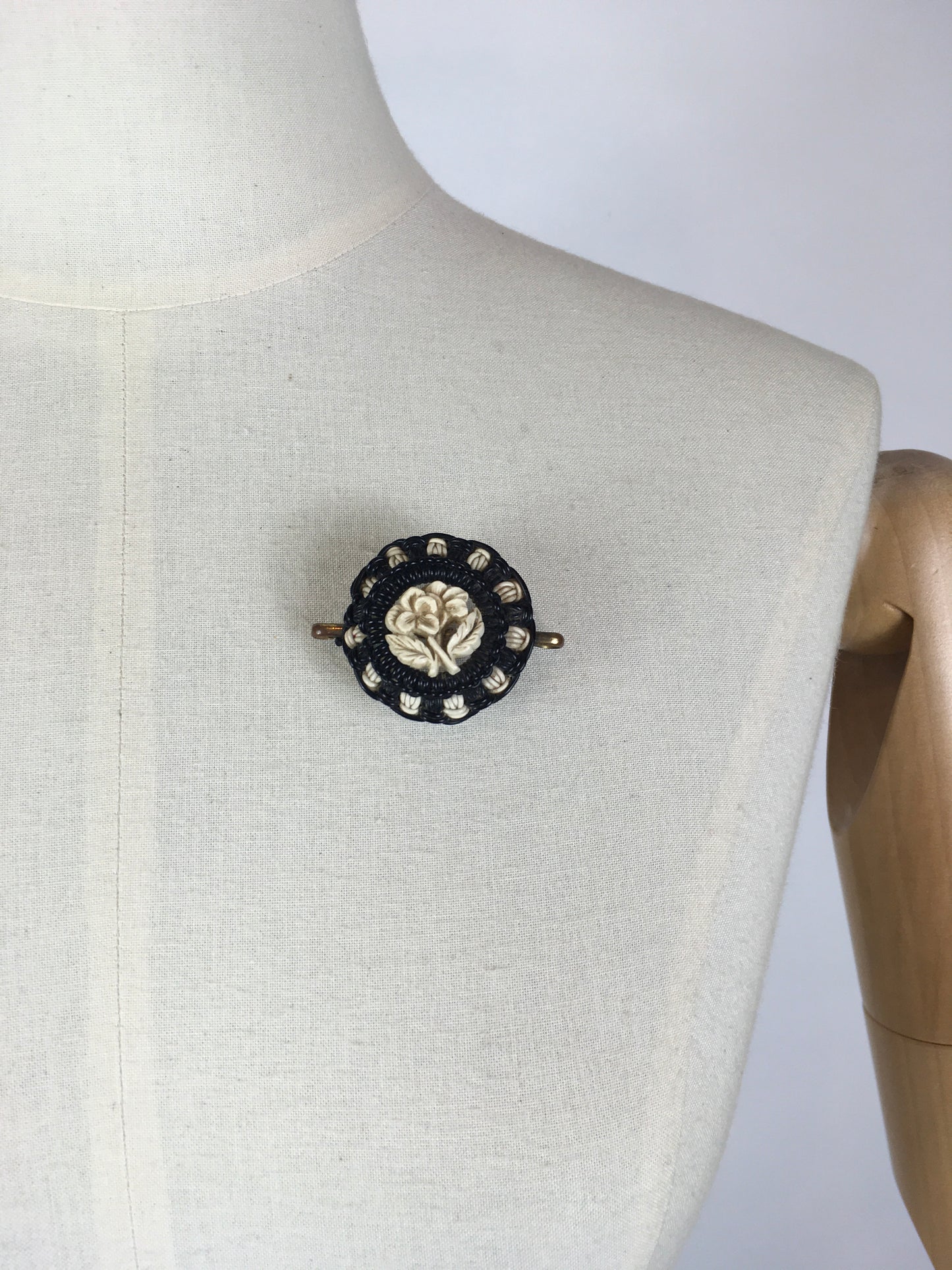 Original 1940’s Make Do And Mend Telephone Cord Brooch - In A Simple Black & White Colourway