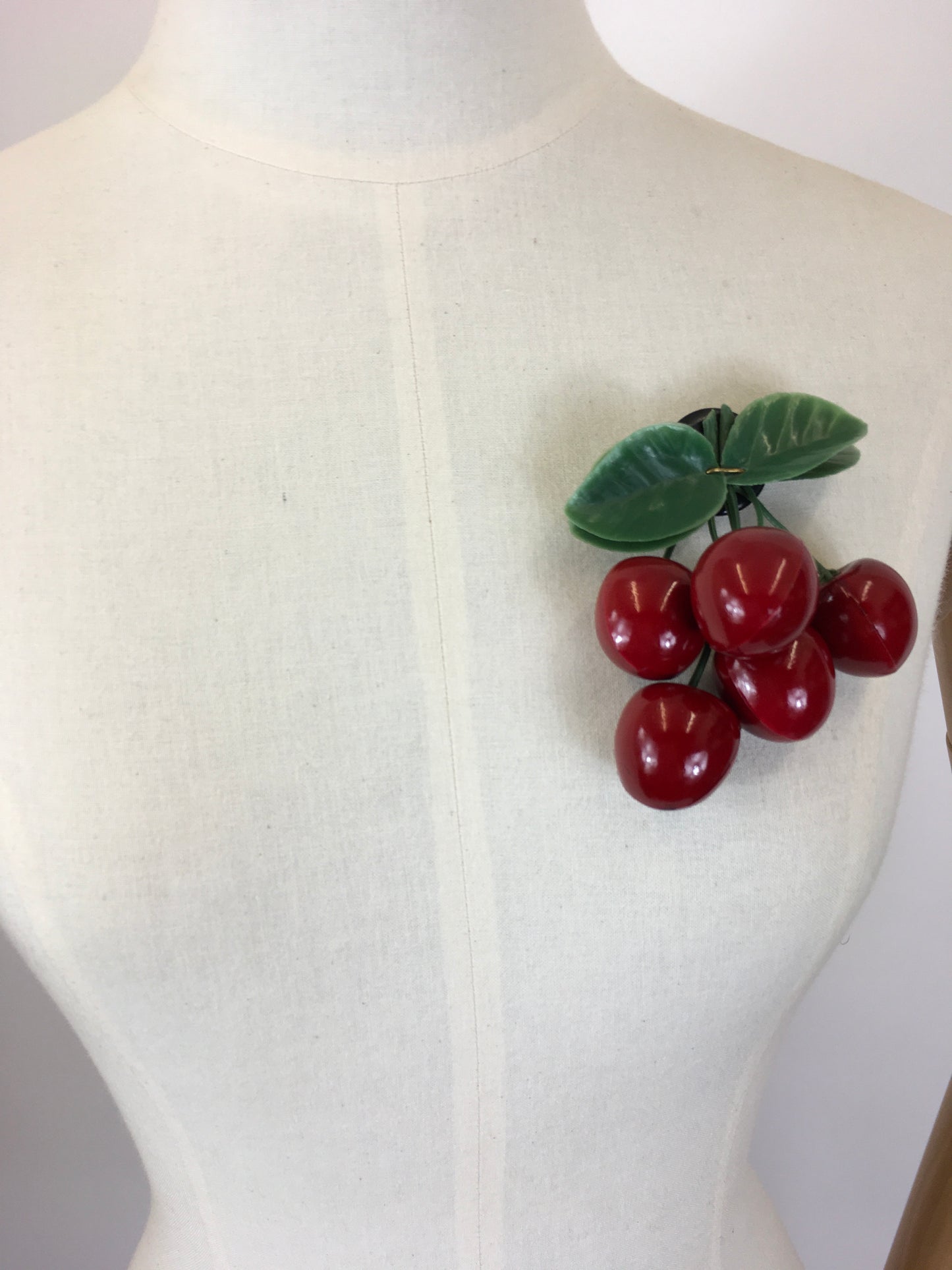 Original 1950's Fabulous Bunch Of Cherries Brooch - In Glossy Cherry Red & Green