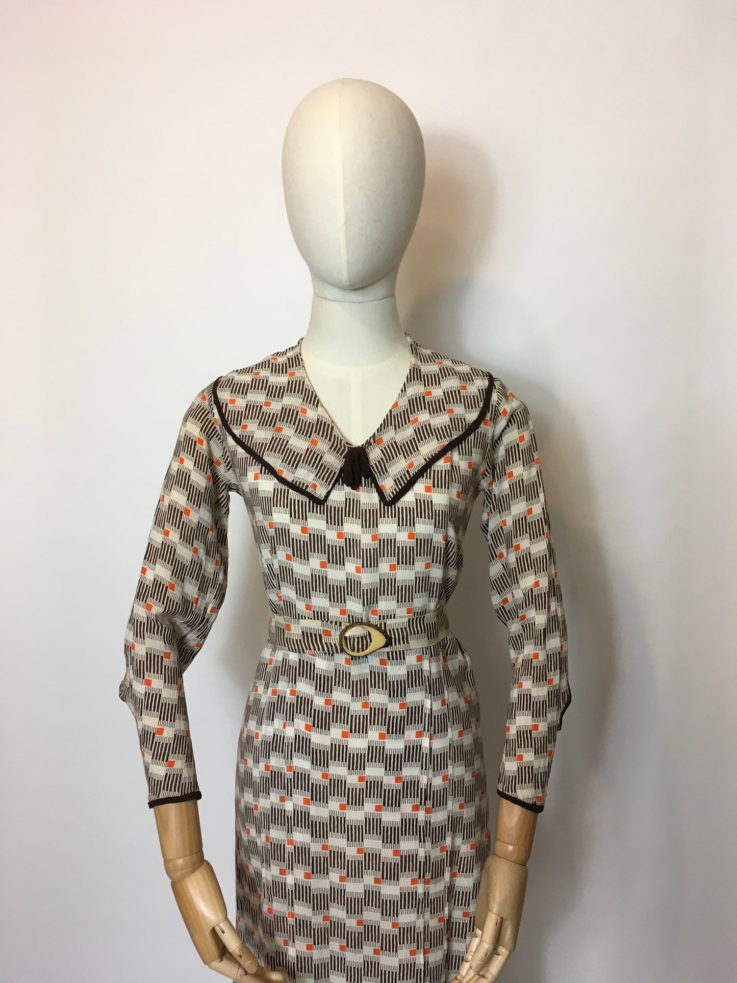 Original 1930’s Day Dress in an Amazing Geometric / Cigarette Print Dress in Browns, old Creams and deco Oranges - Festival Of Vintage Fashion Show Exclusive
