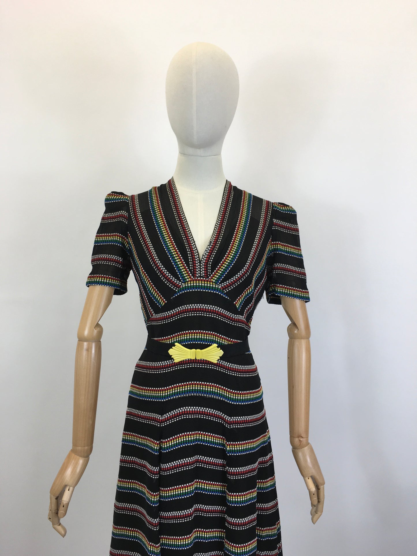 Original 1930’s Stunning Dress in a Sheer Crepe - With A Multicoloured Embroidered Weave