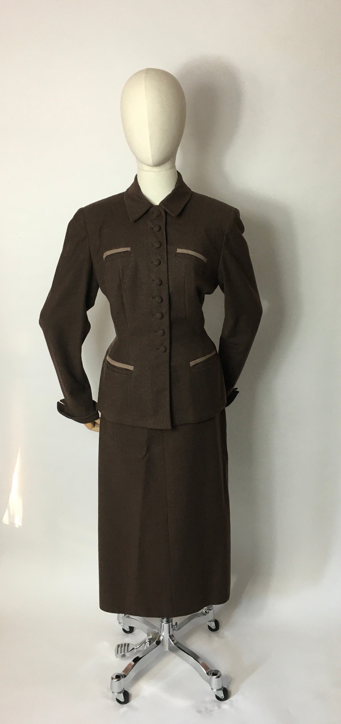 Original 1940’s 2pc Suit in A Lovely Brown Wool, Stunning Detailing and Seamwork