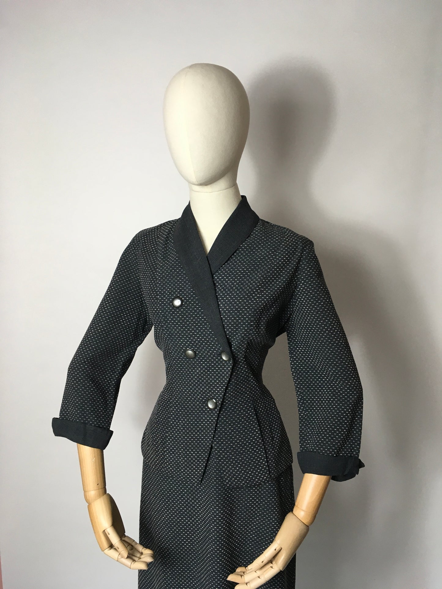 Original 1940’s Slate Grey Lightweight Suit - A lovely Asymmetric Front Shape Detailing