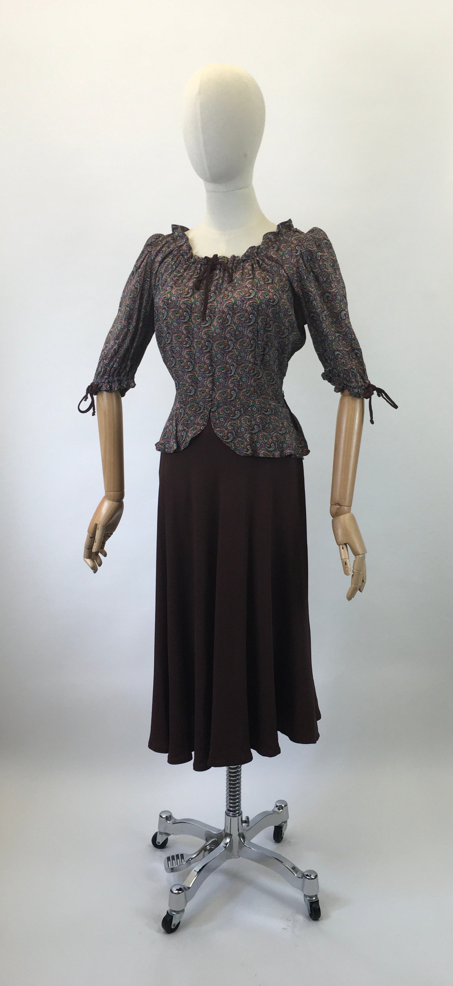 Original 1940's Sensational Gypsy Dress in Rayon Crepe - In A Bright Coloured Paisley Print