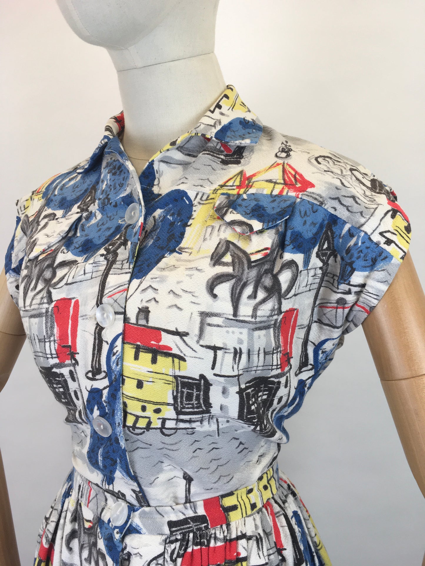 Original 1950s 4 pc Sun Set In Novelty Print Barkcloth - Sun Top, Blouse, Bloomer Shorts and Skirt