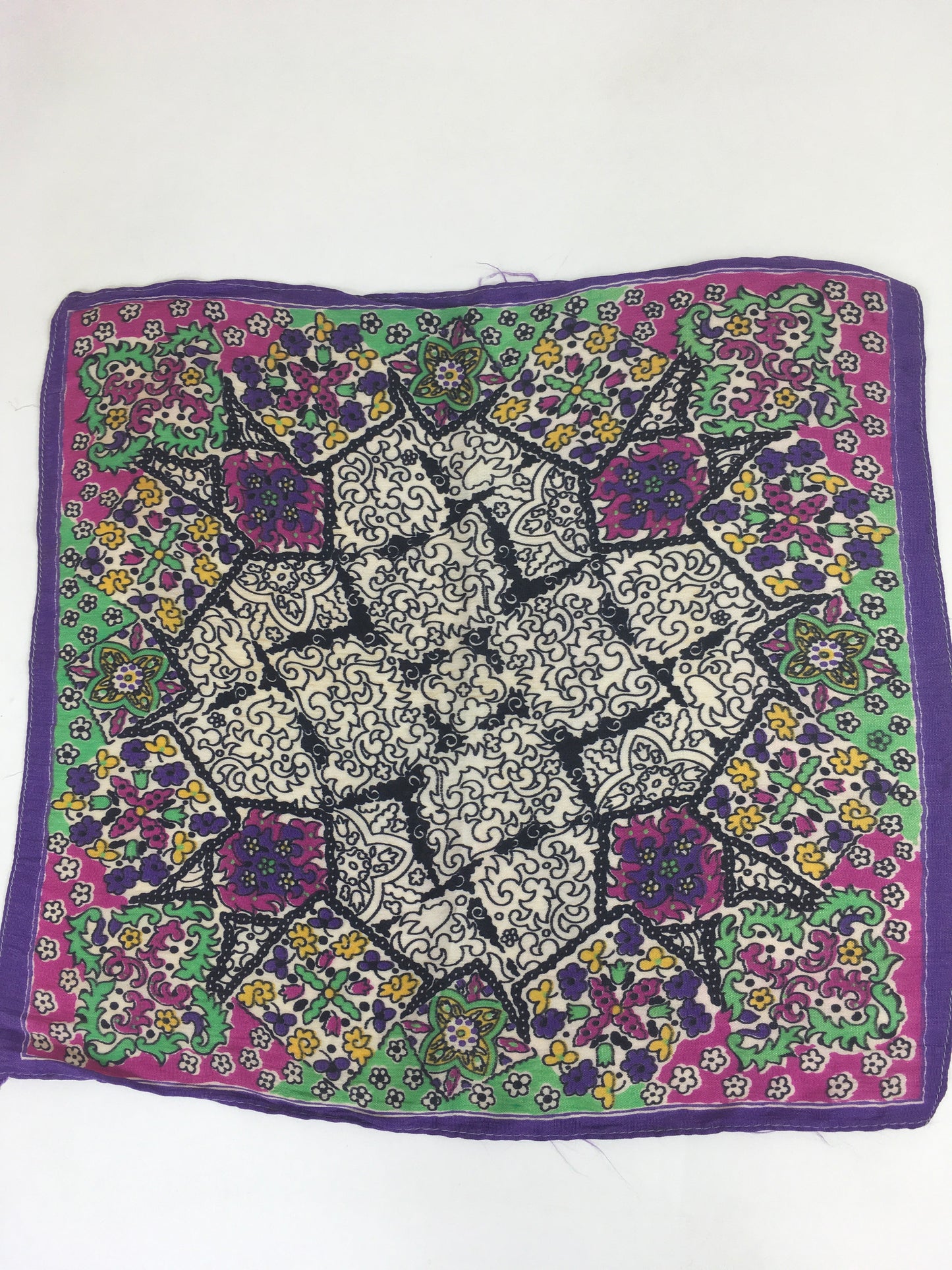 Original 1940’s Rayon Hankie - In Purple, Green, Black & Yellow