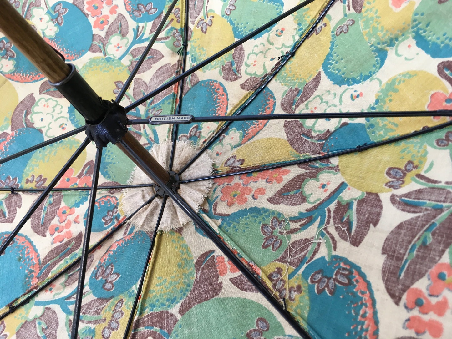 Original 1930s Sun Parasol in a Stunning Floral and Fruit Cotton - In Deco Oranges, Greens, Chartreuse and Teal