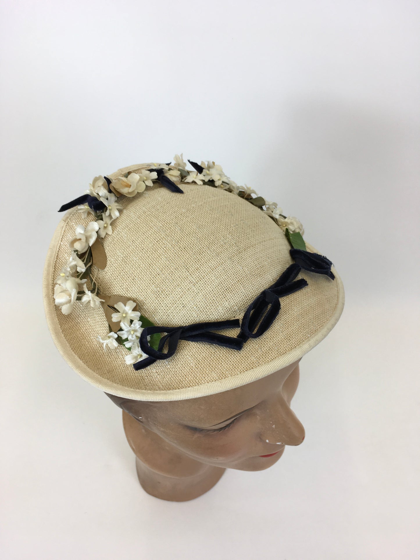 Original 1950’s Darling Natural Straw Headpiece - With Millinery Flora and Navy Velvet Bows