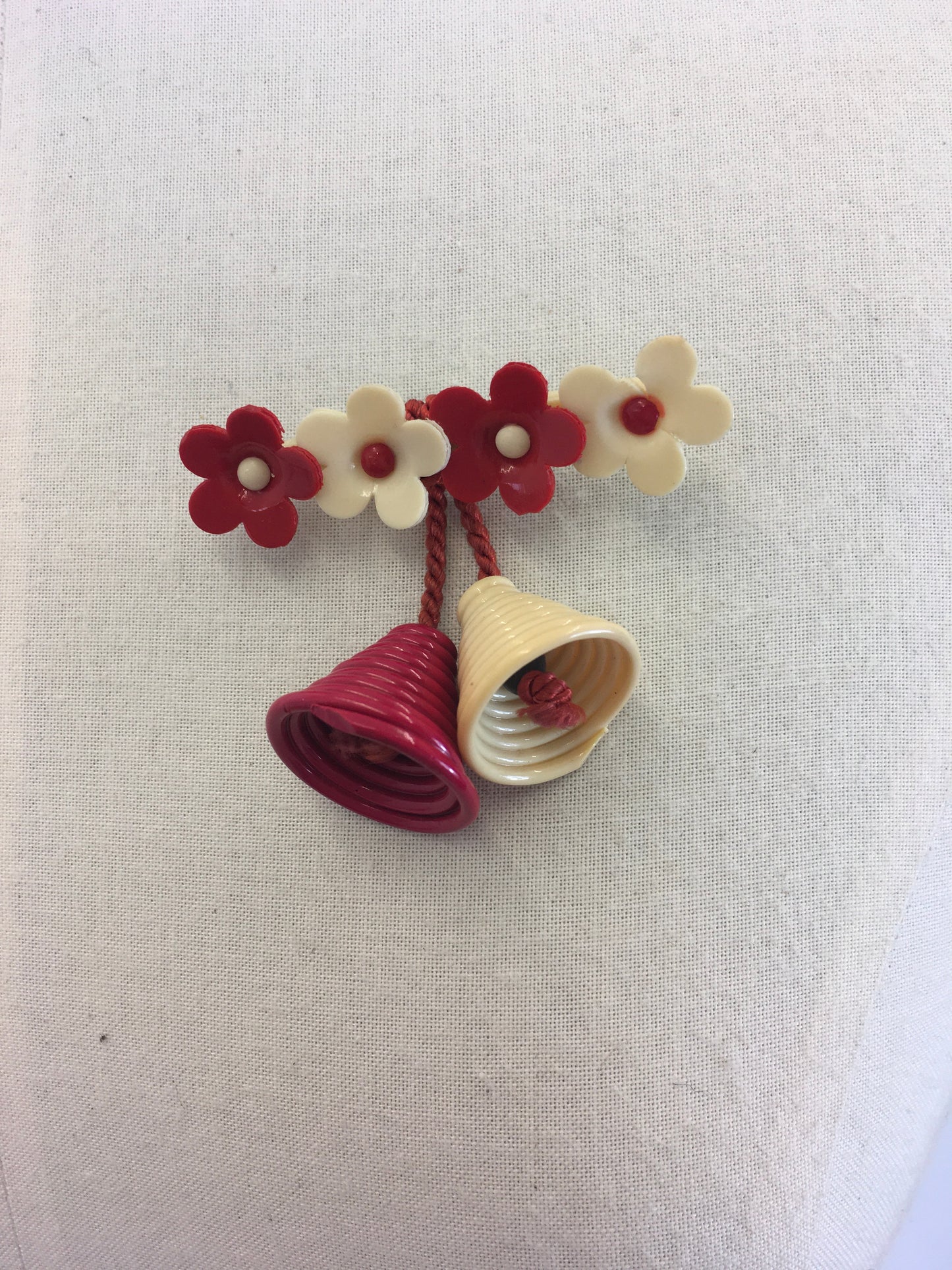Original 1940's Celluloid Floral Bar Brooch - In Cream and Red with Dangling Bells