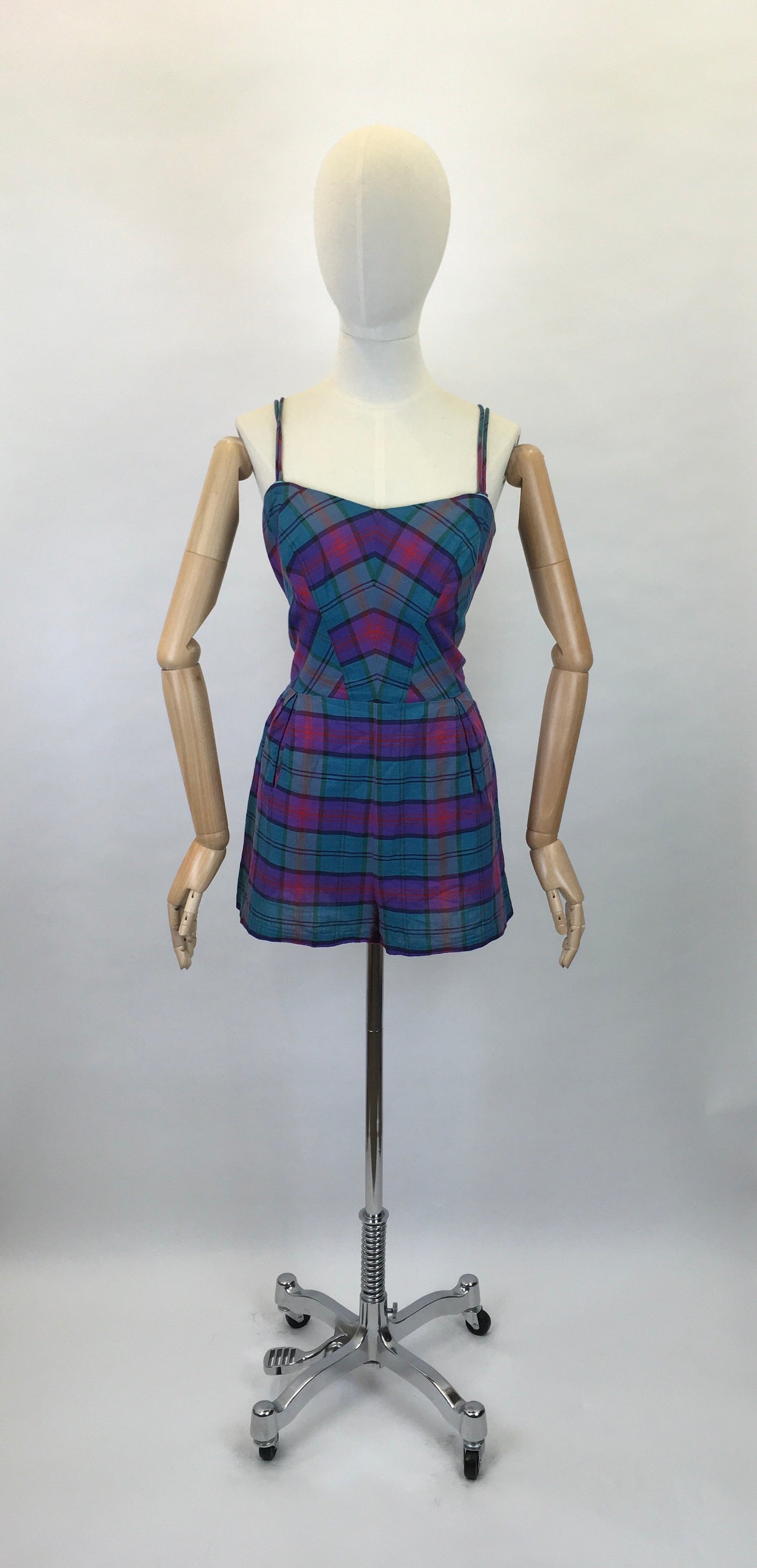 Original 1950s Fabulous Summer Playsuit - In a Gorgeous Plaid With Rich Purple, Reds, Blues and Bottle Greens