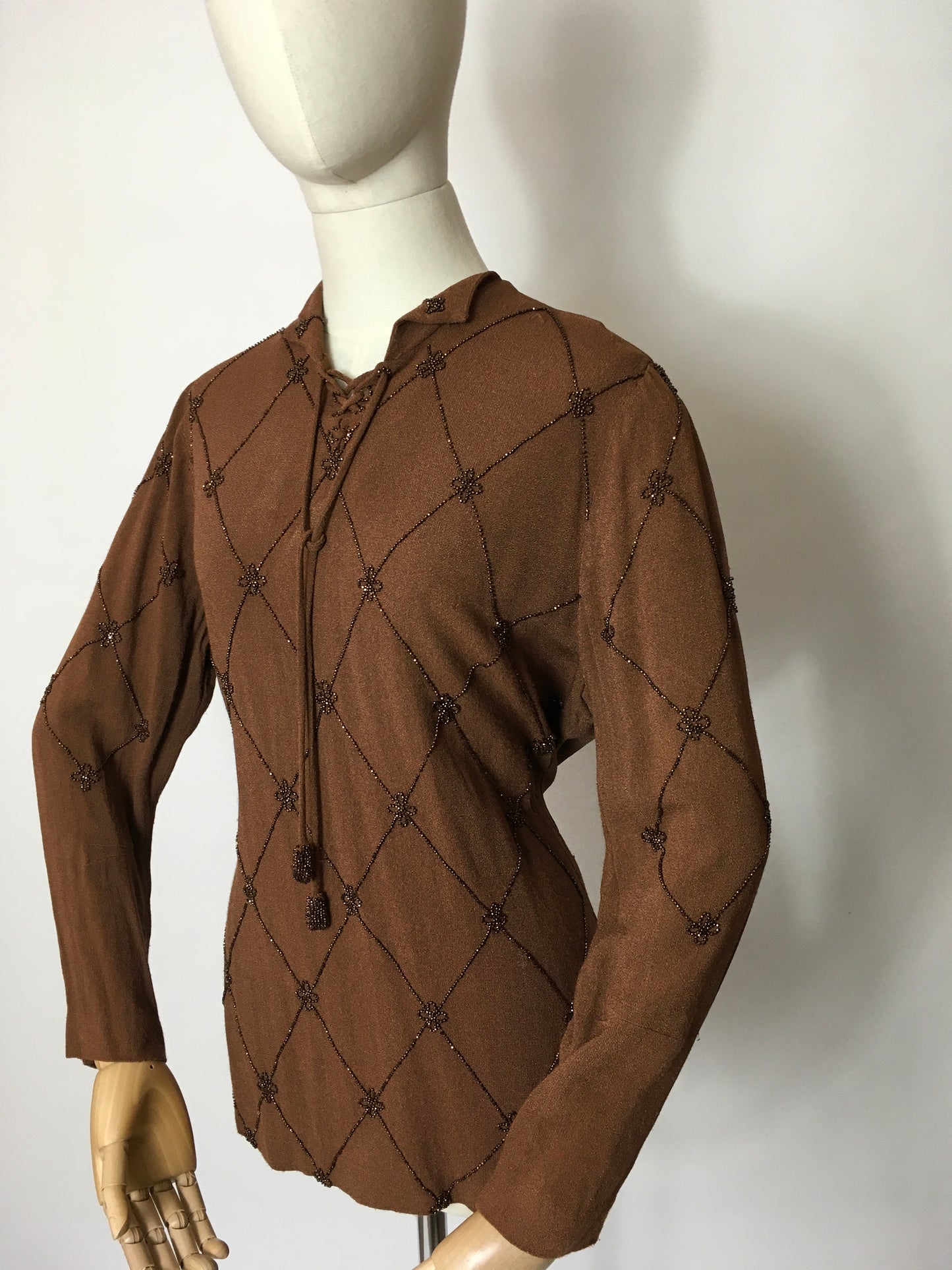 Original 1940’s Double Eleven Plate Label Tunic - Featuring Stunning Bronze Beaded Bodice Detailing on an Autumnal Brown Crepe
