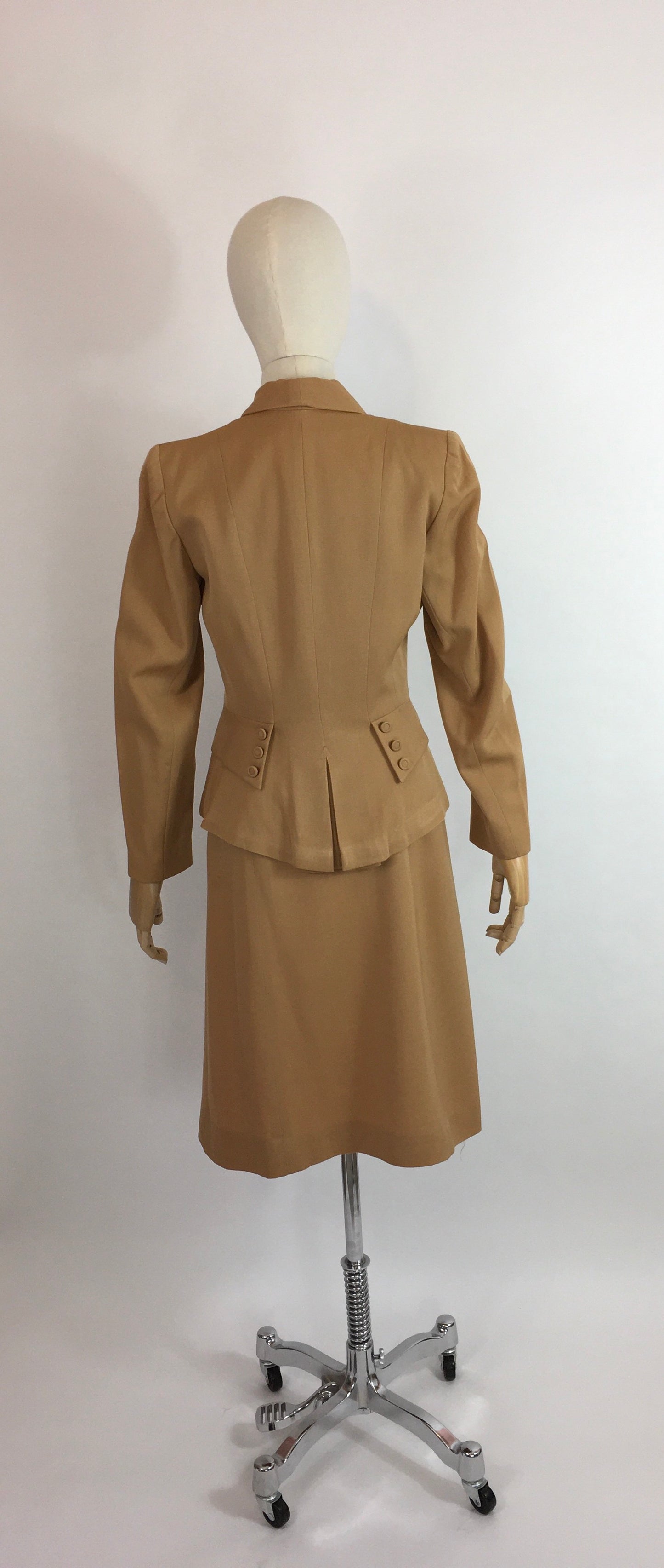 Original 1940’s 2 piece suit In A Lovely Soft Caramel Garbadine - With Amazing Arrow and Button Detailing