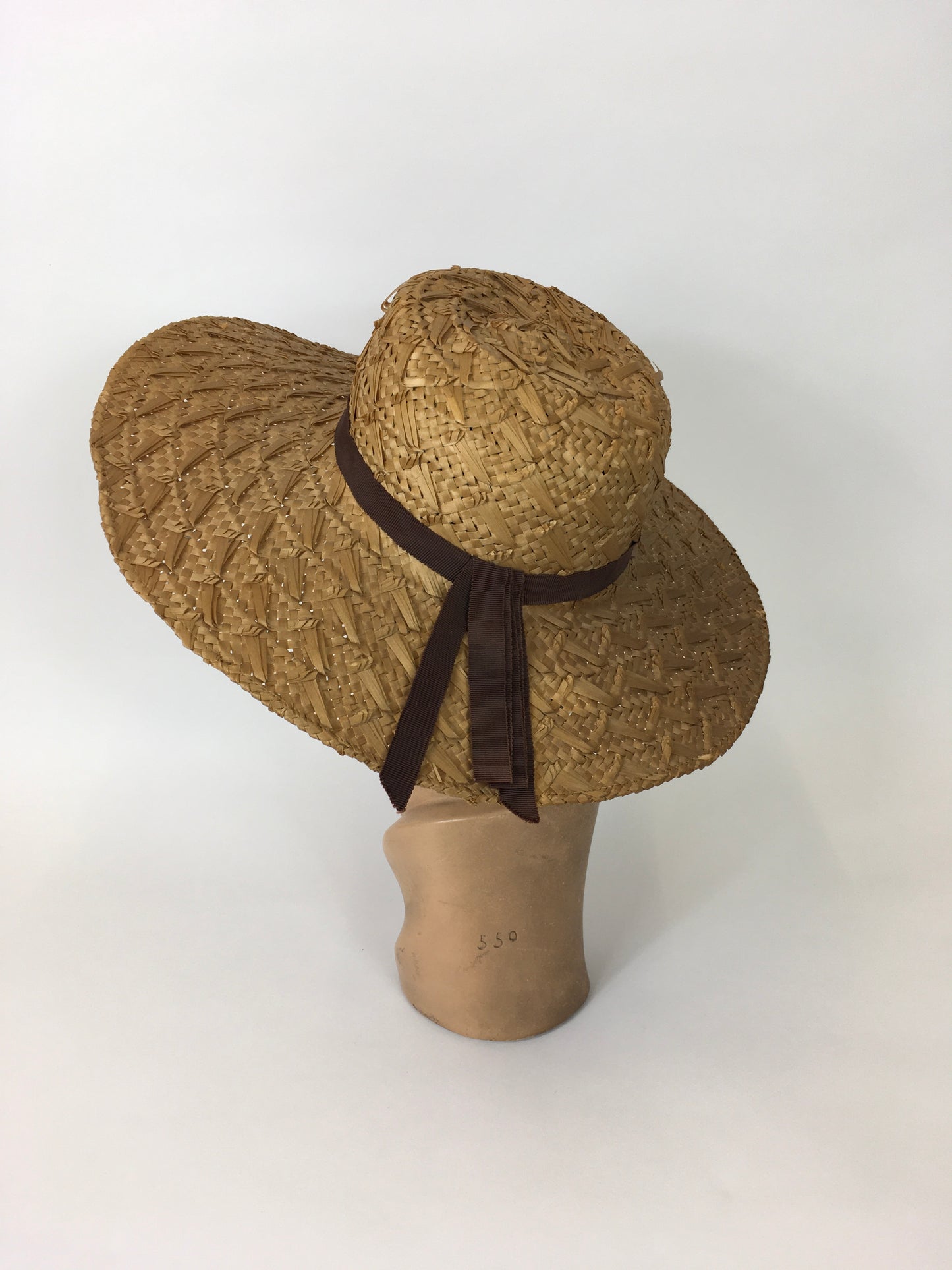 Original 1940’s Straw Hat With Grosgrain Ribbon - In Warm Browns, Grassy Greens and Maroons