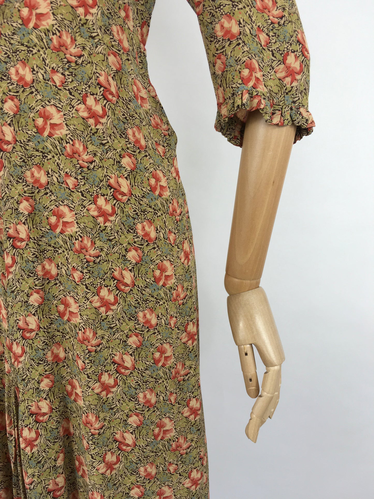 Original 1930s Exquisite Dress - In a Breathtaking Colour Palette Of Warm Rose Pinks and Reds, Tonal Greens and Powder Blues on a Floral Crepe