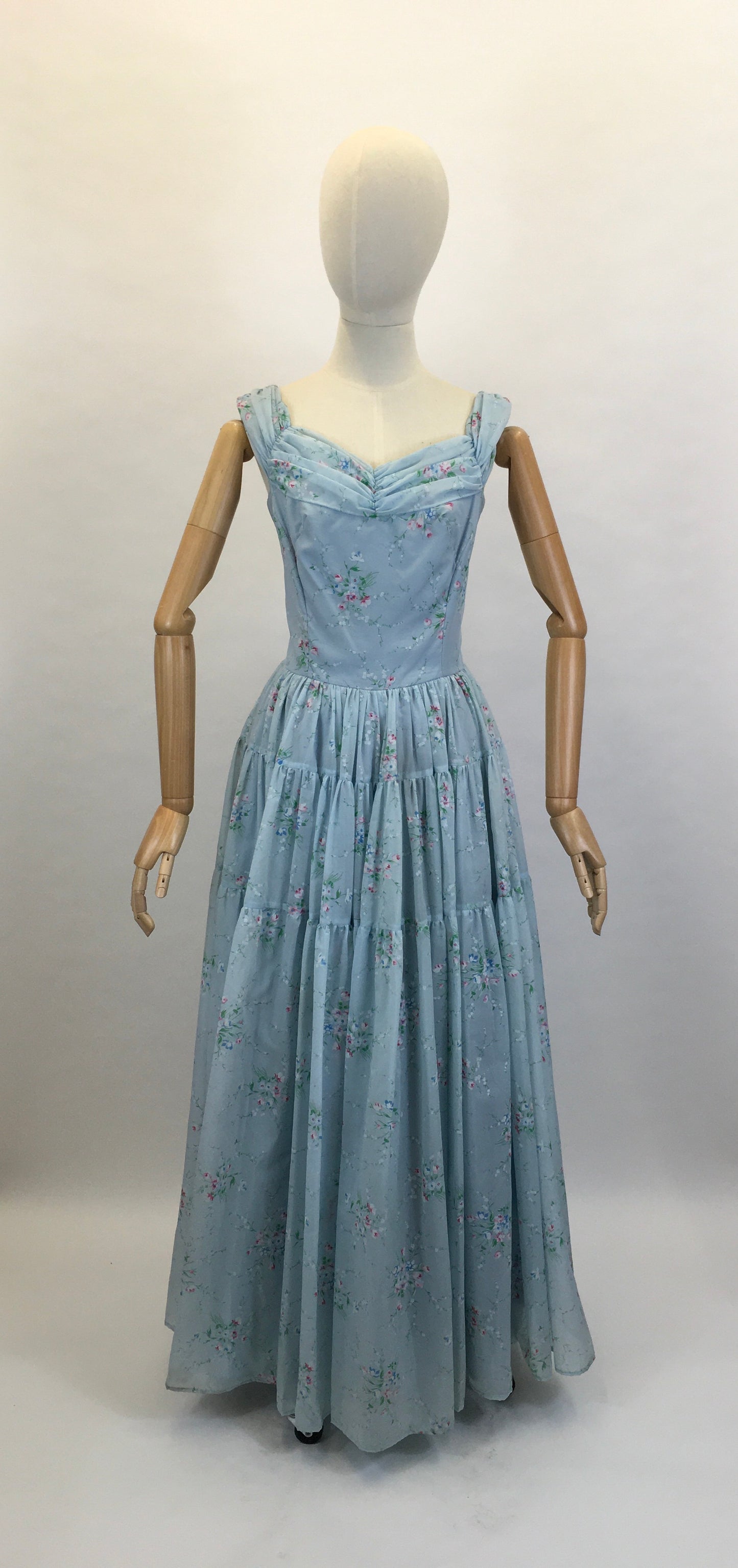 Original 1950’s Darling Full Length Prom Dress - In A Lovely Powder Blue Floral Tulle.