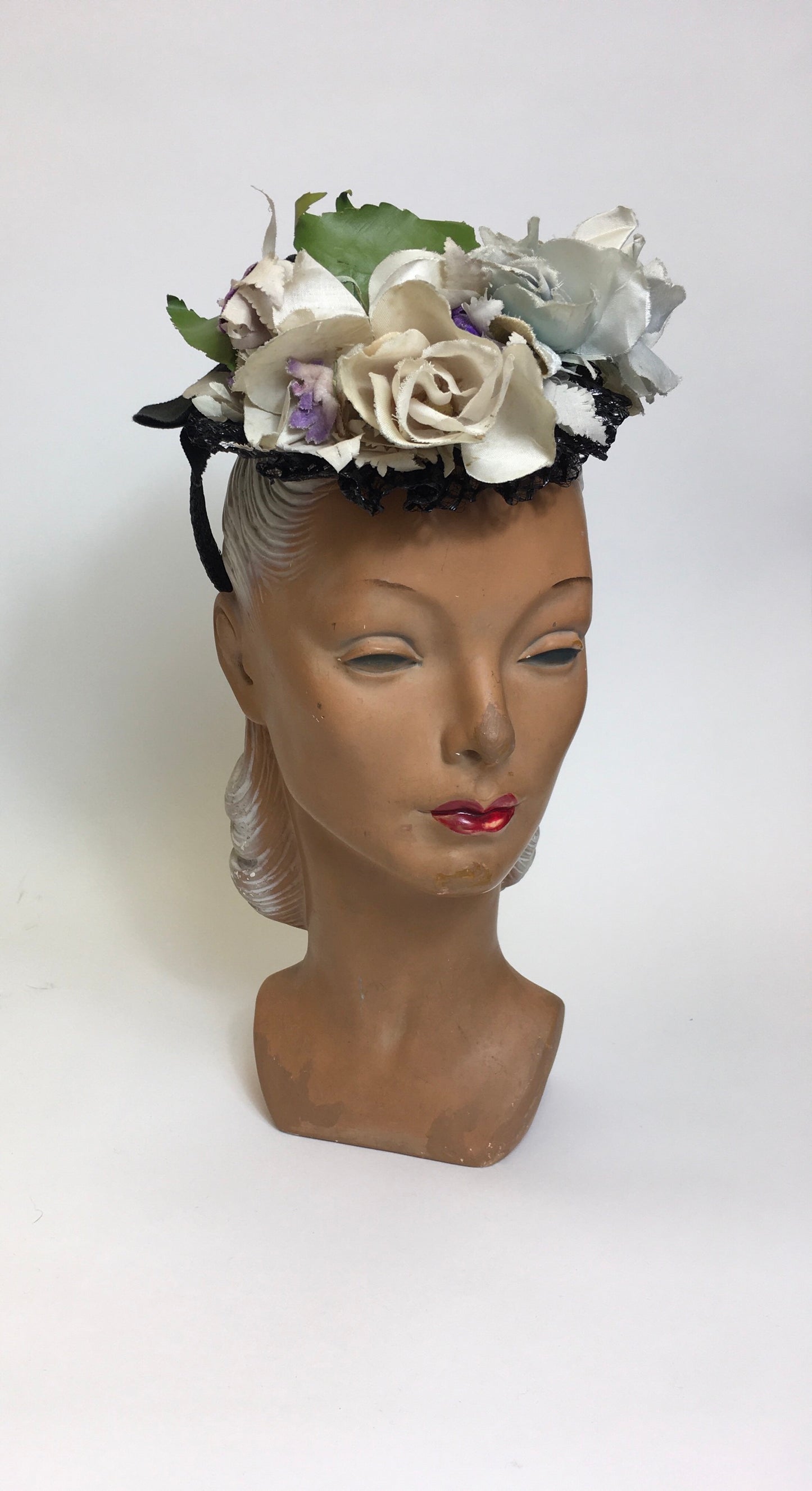 Original 1940’s Floral Tilt Hat - Beautiful Floral Adornments in Powder Blues , Purples & Ivory