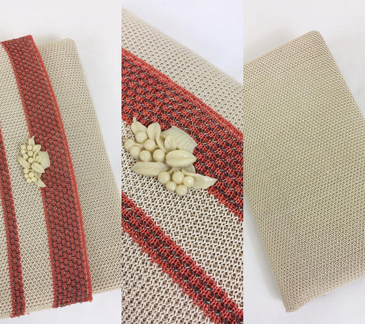Original 1930's Sensational Fabric Clutch Bag in Orange & Cream - With Celluloid Floral Basket Adornment