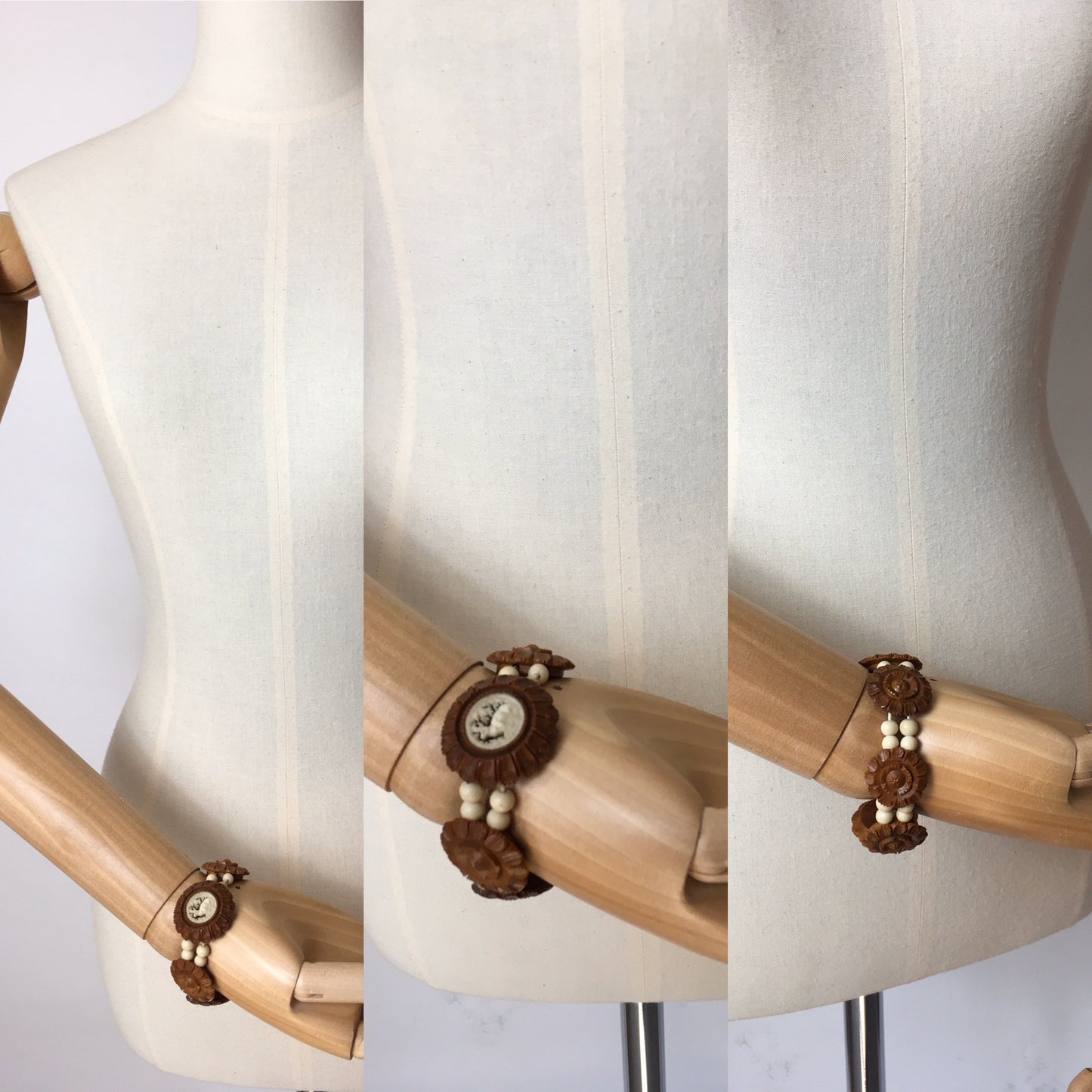 Original 1940’s Celluloid Elastic Bracelet - Simple Cream And Brown