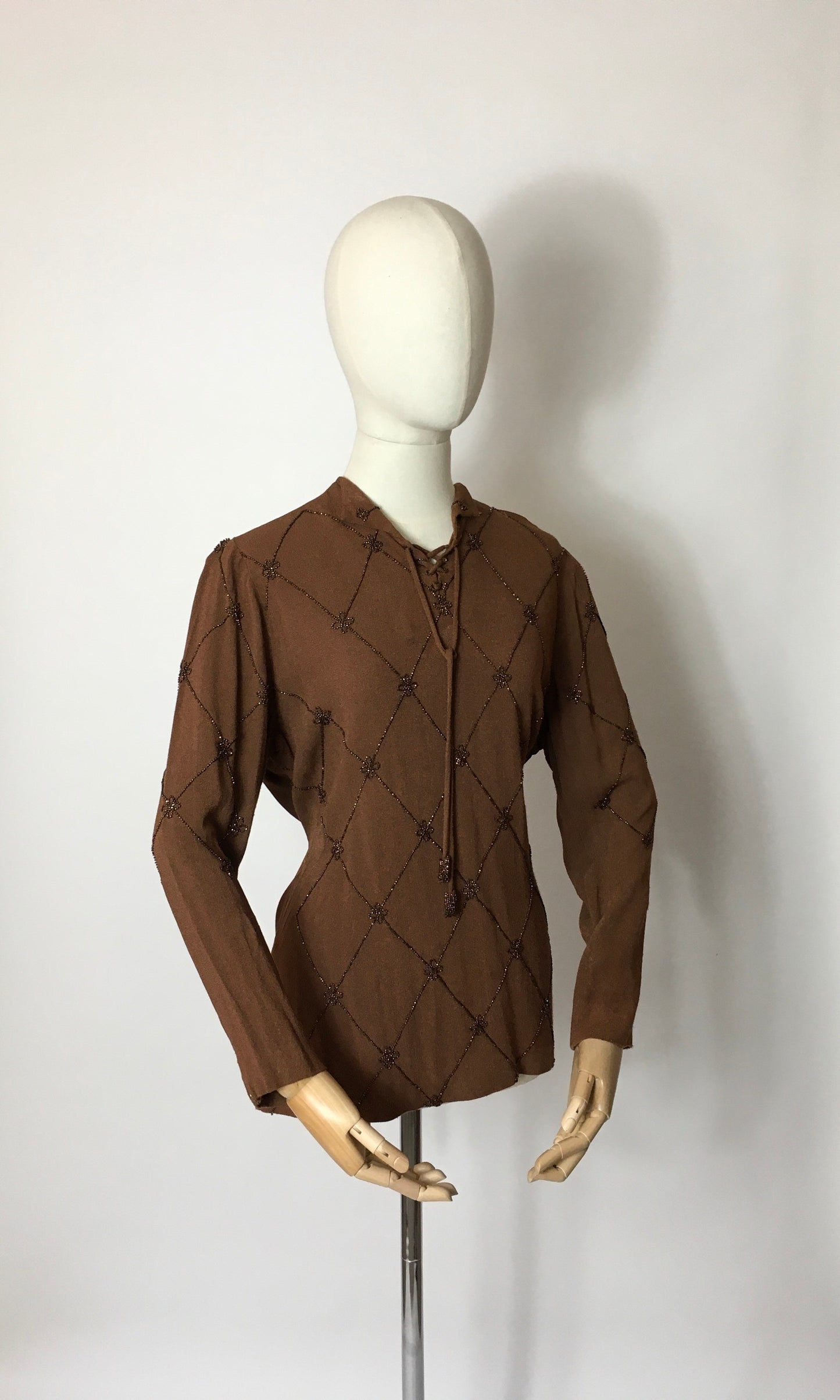 Original 1940’s Double Eleven Plate Label Tunic - Featuring Stunning Bronze Beaded Bodice Detailing on an Autumnal Brown Crepe