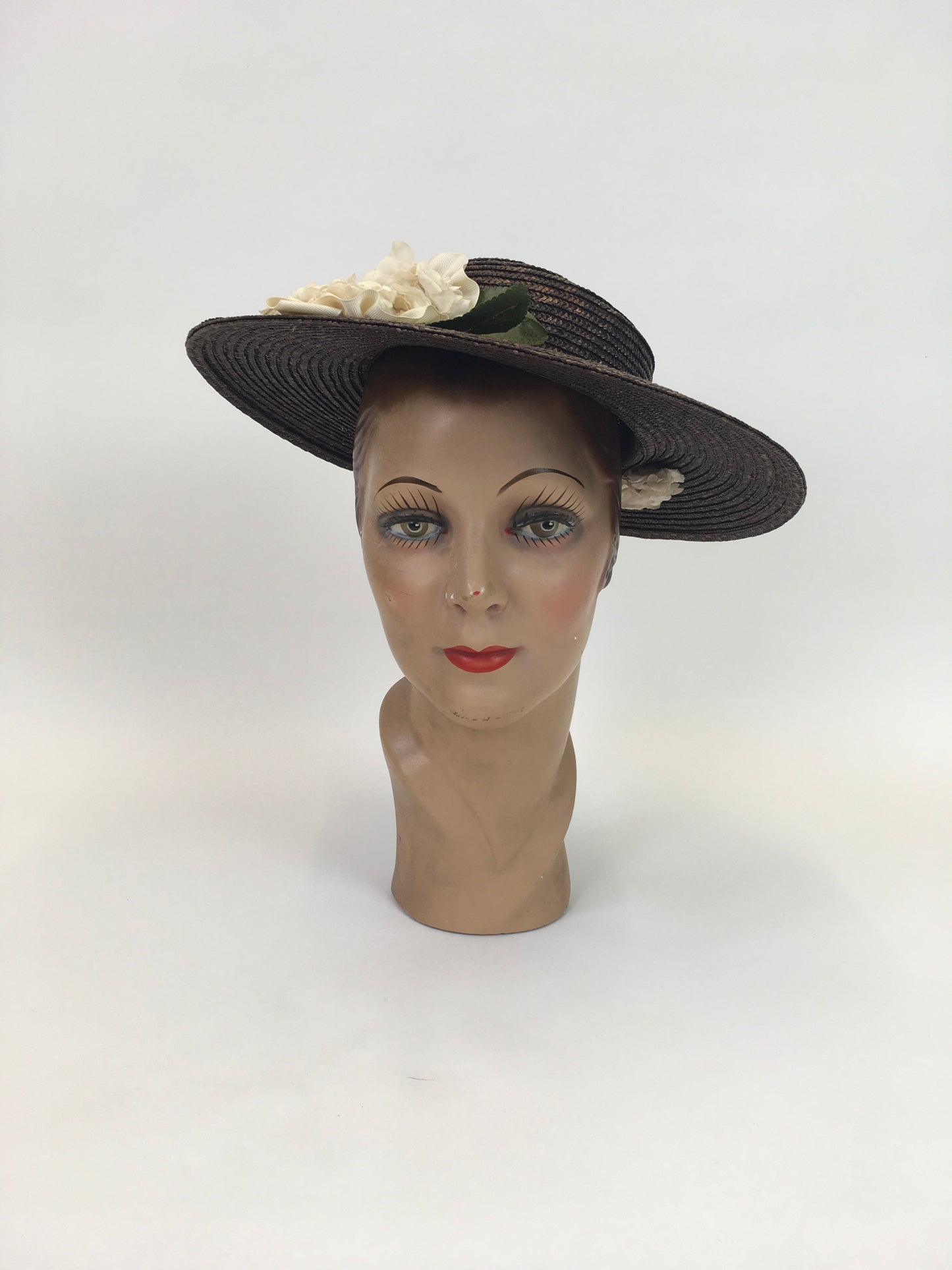 Original Late 1930's Early 1940's Fabulous Brown Straw Hat - With Delicate Cream Floral Millinery