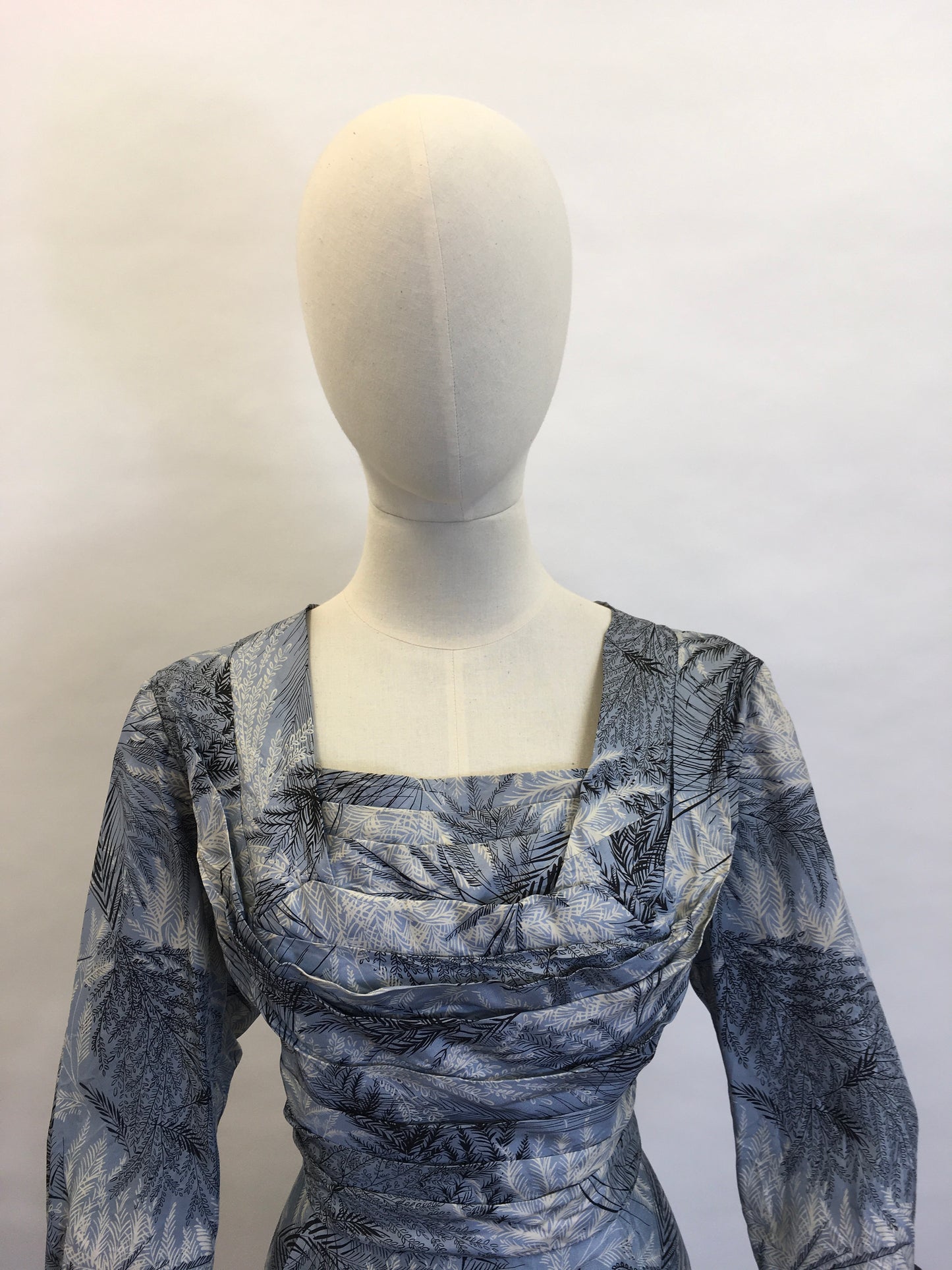 Original 1940’s Cocktail Dress - In a lovely Fern Print Silk in Power Blues and Shades of Grey
