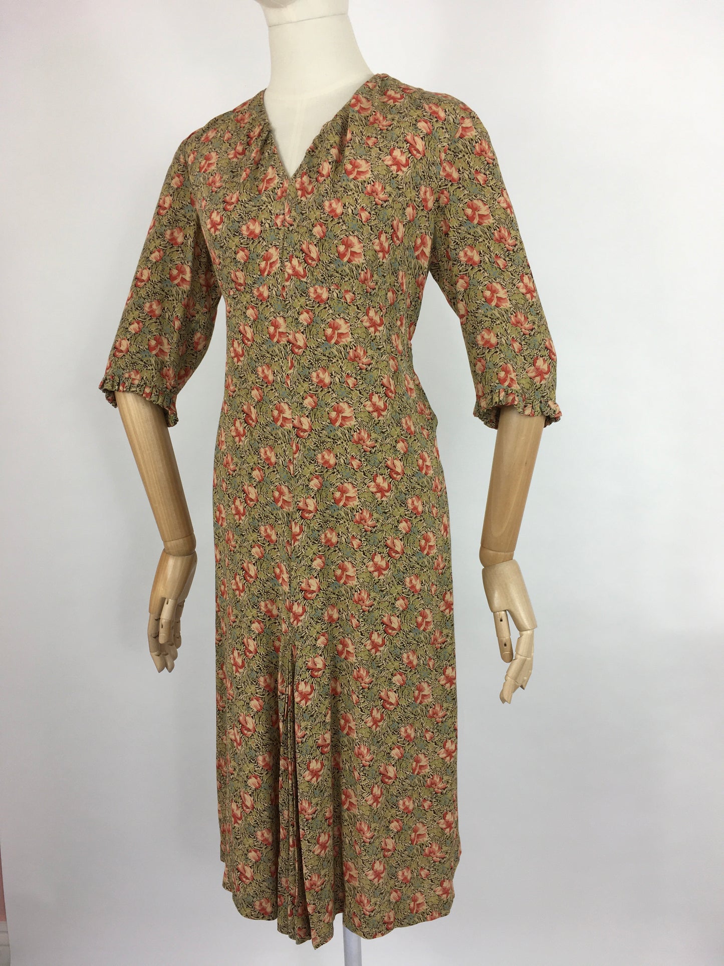 Original 1930s Exquisite Dress - In a Breathtaking Colour Palette Of Warm Rose Pinks and Reds, Tonal Greens and Powder Blues on a Floral Crepe