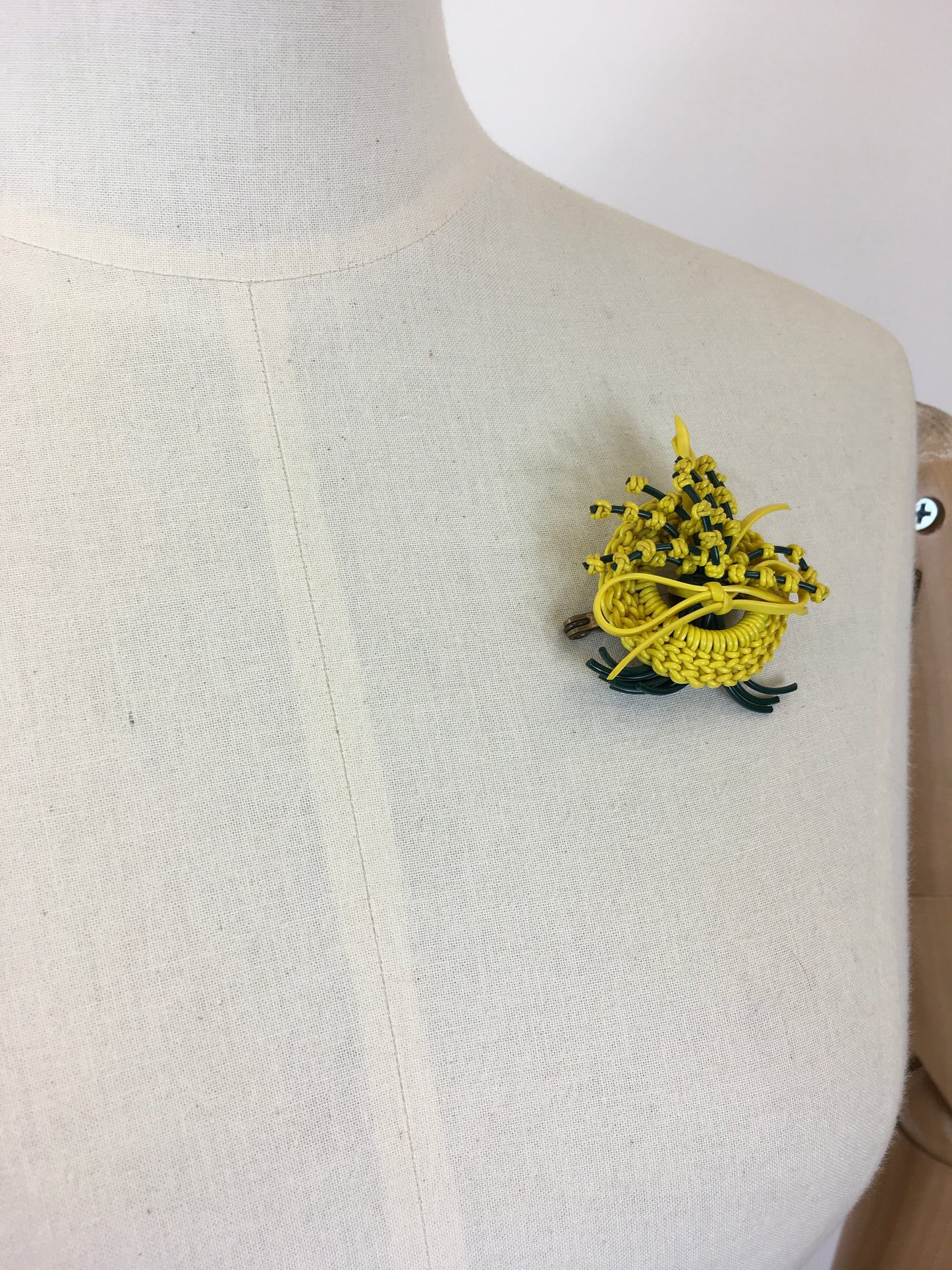 Original 1940's Large Wartime Make Do and Mend Telephone Wire Brooch - In Bottle Green & Sunflower Yellow