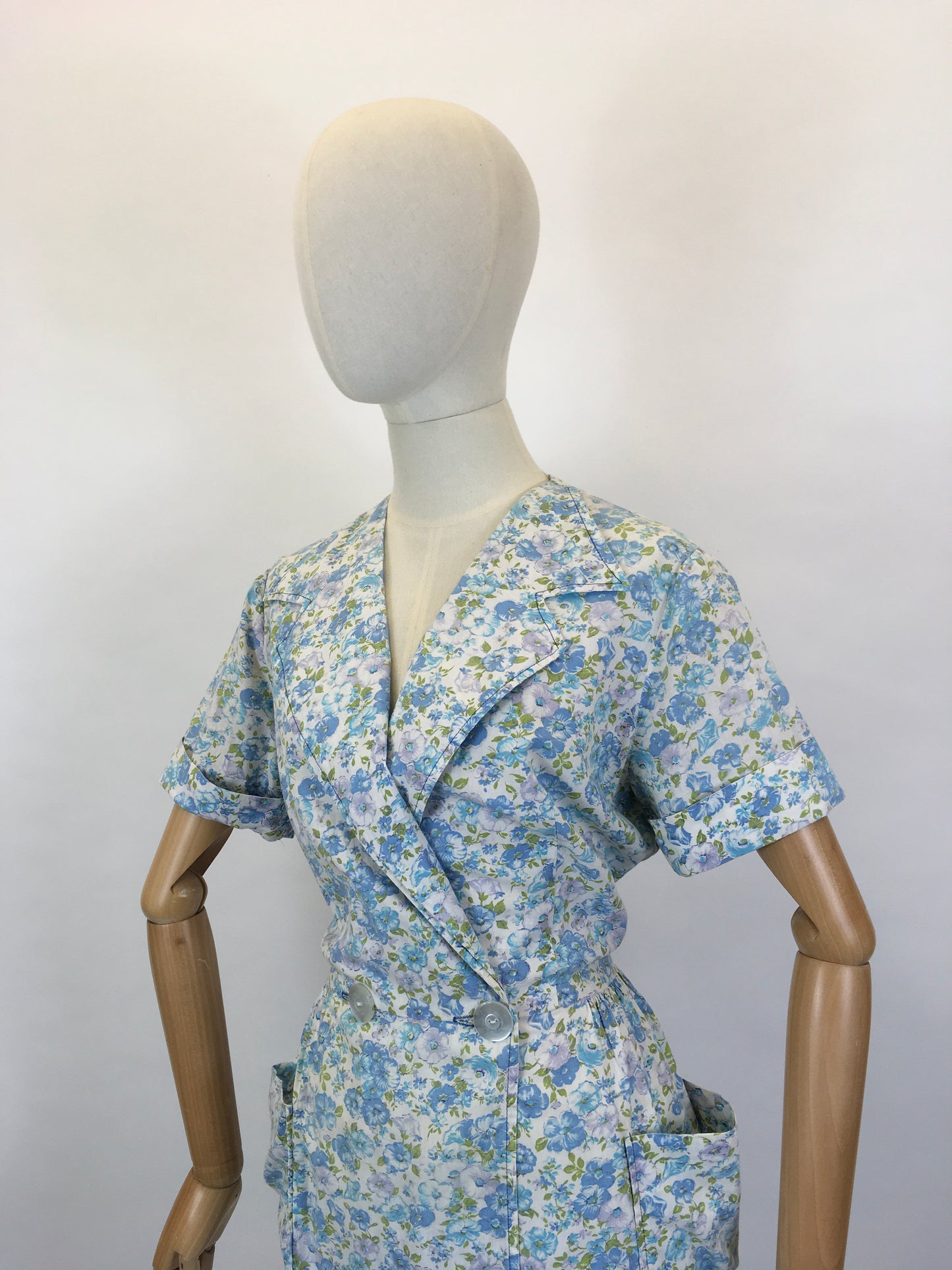 Original 1950’s Floral Cotton Wrap Dress - In A Blue, Green & White Colour Pallet