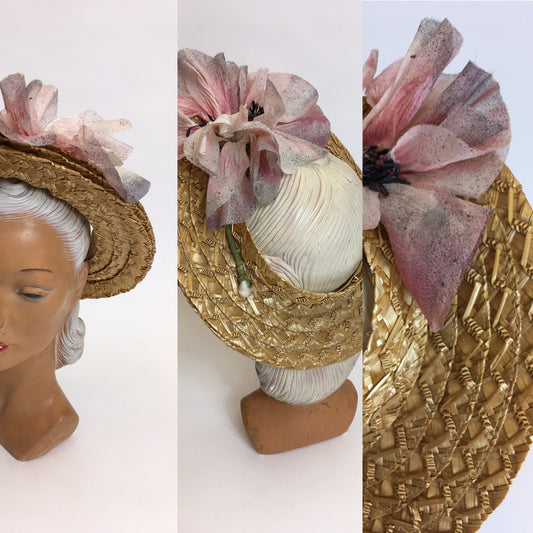 Original 1940’s Summer Open Crown Straw Hat - With Original Floral Adornment