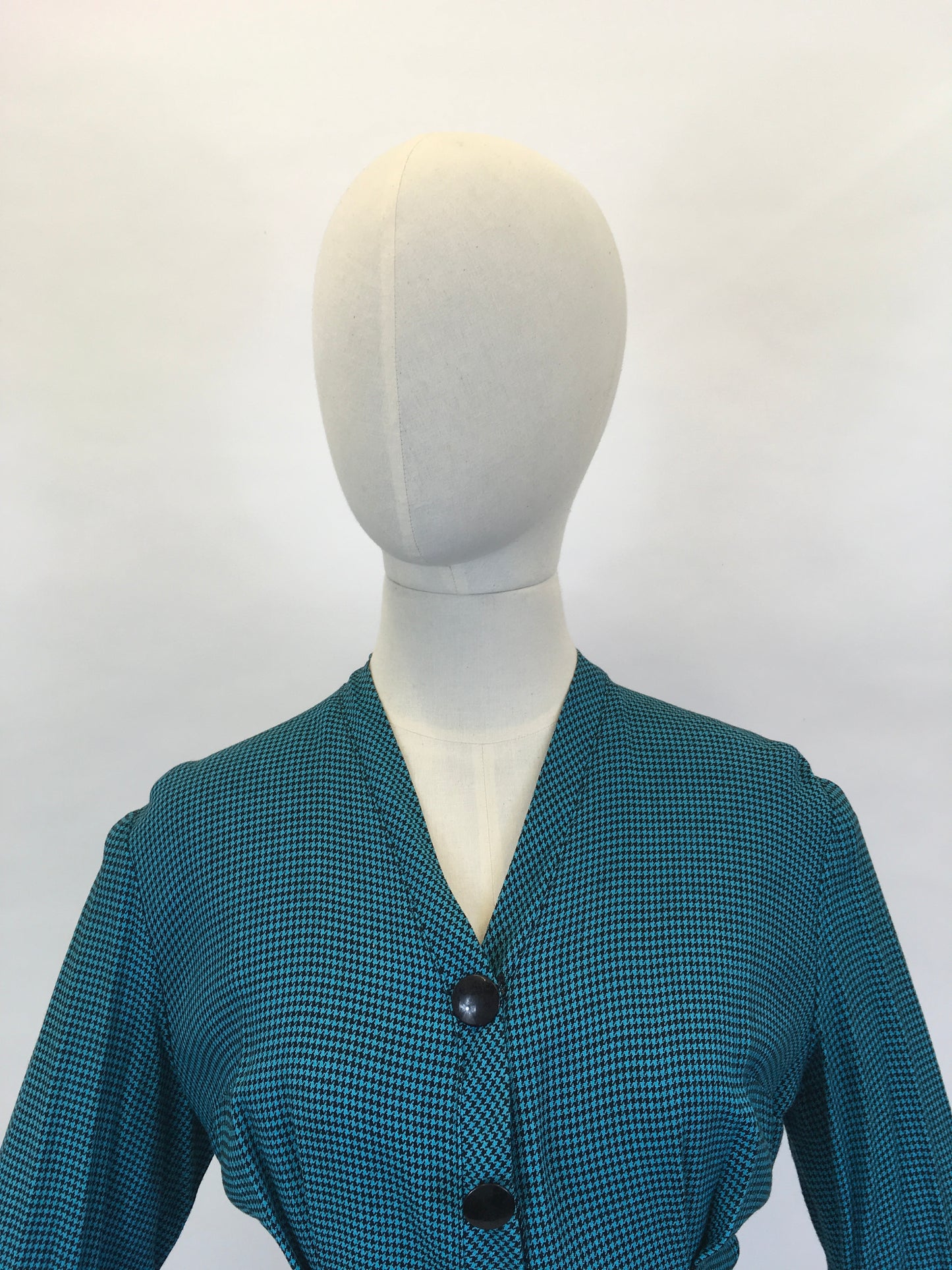 Original Early 1950’s Fabulous Day Dress - In A Lovely Deep Teal Dogtooth Cotton