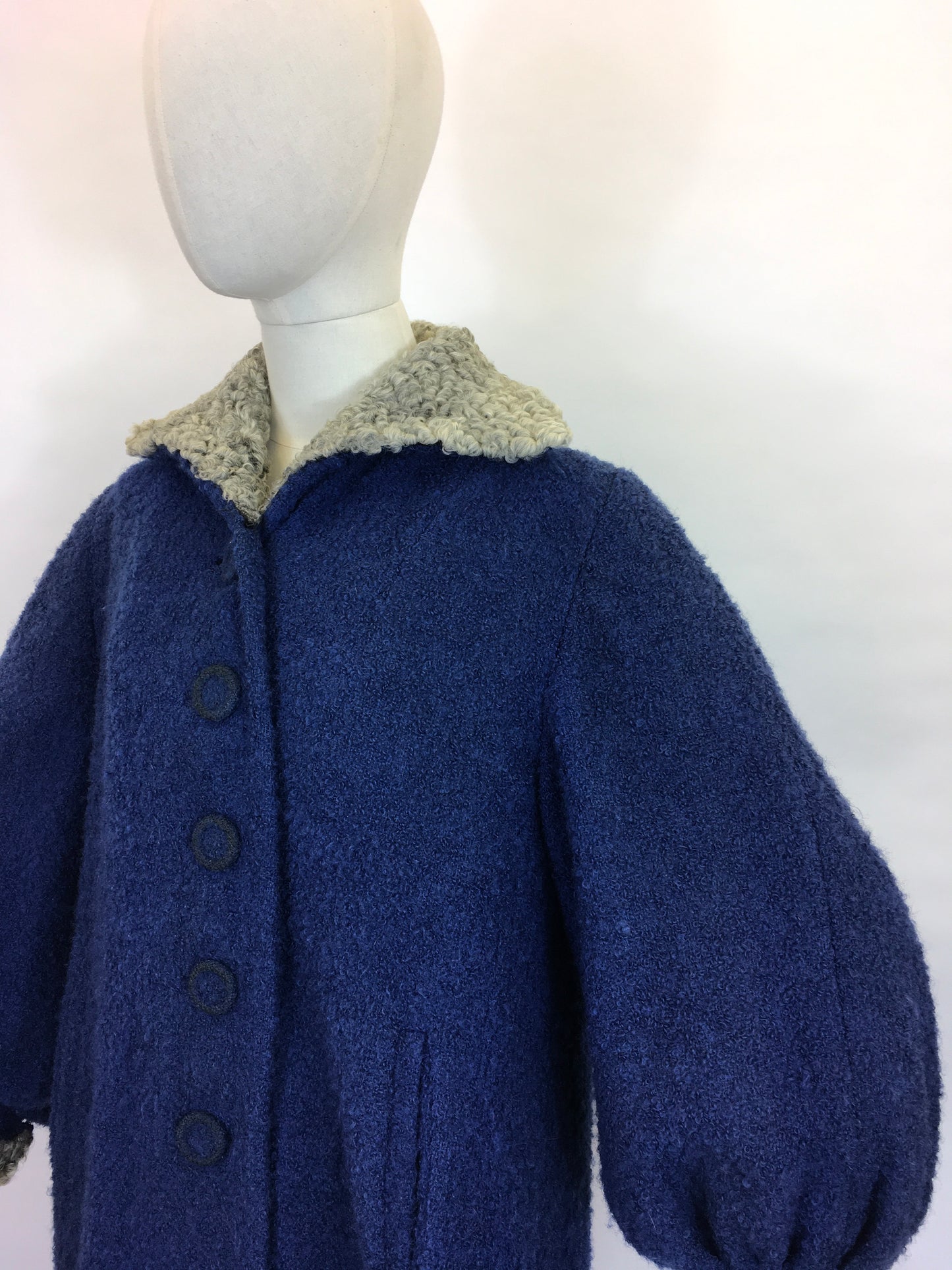 Original 1940’s Amazing Boucle Wool Coat with Astrakhan Trim - In a Royal Blue and Soft Grey