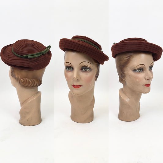 Original 1940's Darling Tilt Hat - In Rust With A Green Bow Trim
