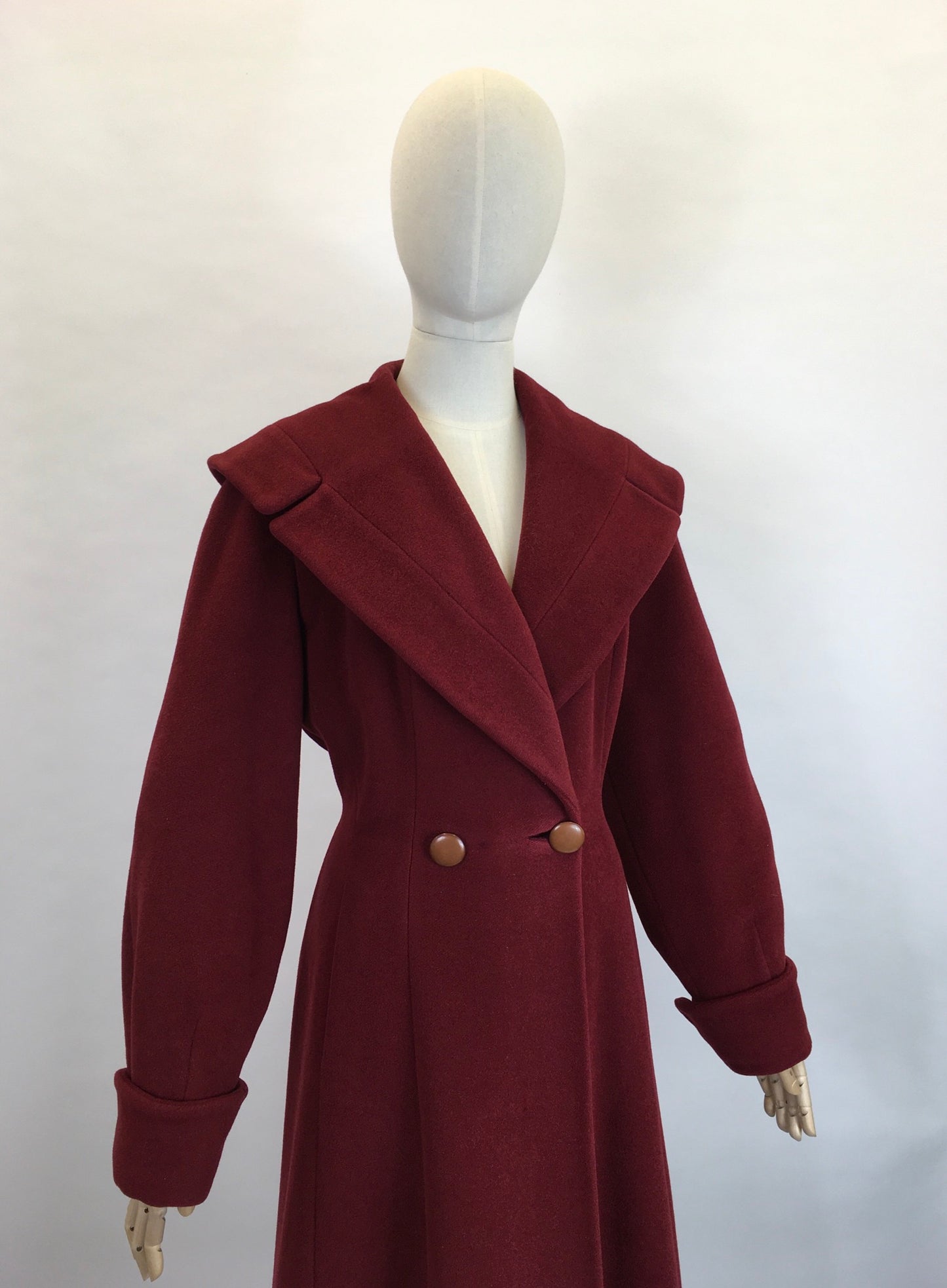 Original 1940’s SENSATIONAL Russet Red Princess Coat - Lovely Shaped Shawl Collar and Cuffs