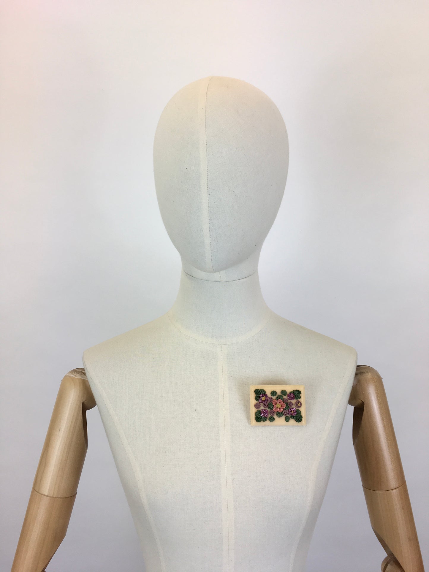 Original 1940’s Beautiful Soft Pink Lucite Brooch - With Hand-painted Flowers in Pinks, Violets and Green