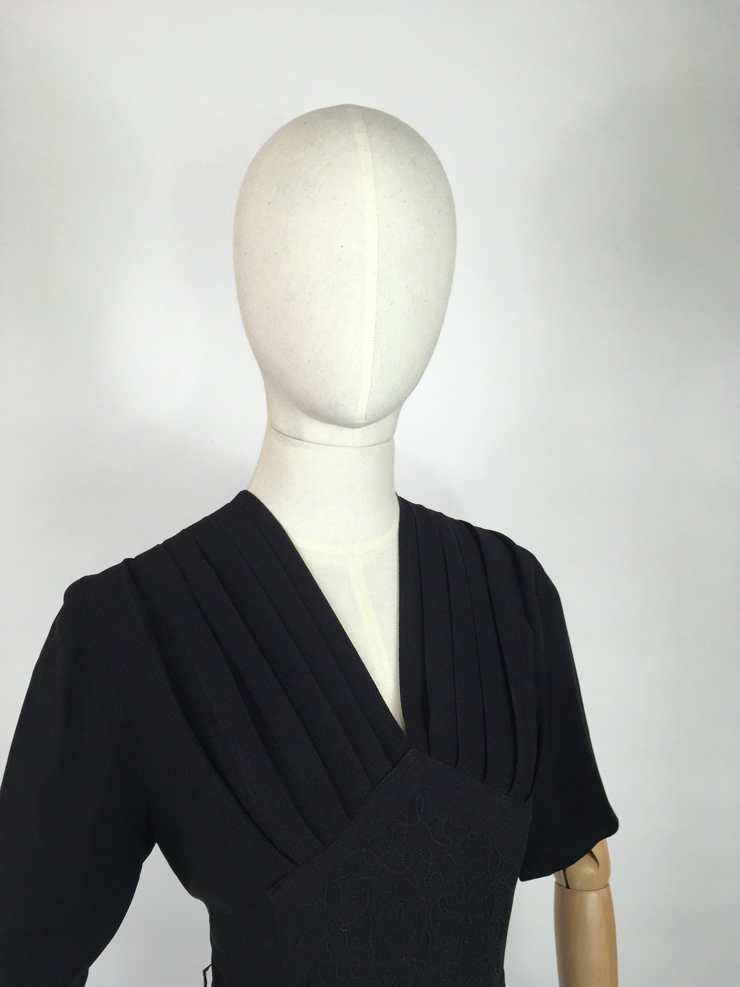 Original 1940’s Black Crepe Dress - With a Lovely Soutache Waist Panel Detailing