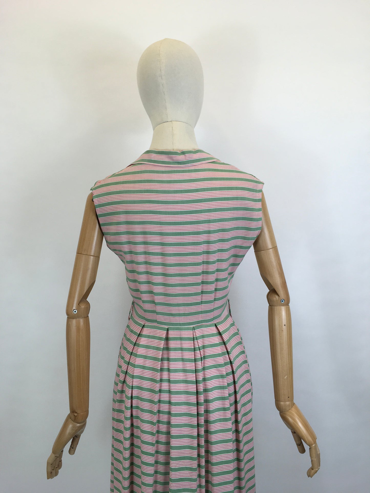 Original Late 1940’s Early 1950’s Cute Cotton Day Dress - In A Soft Cotton Stripe in Sage Green & Powdered Rose