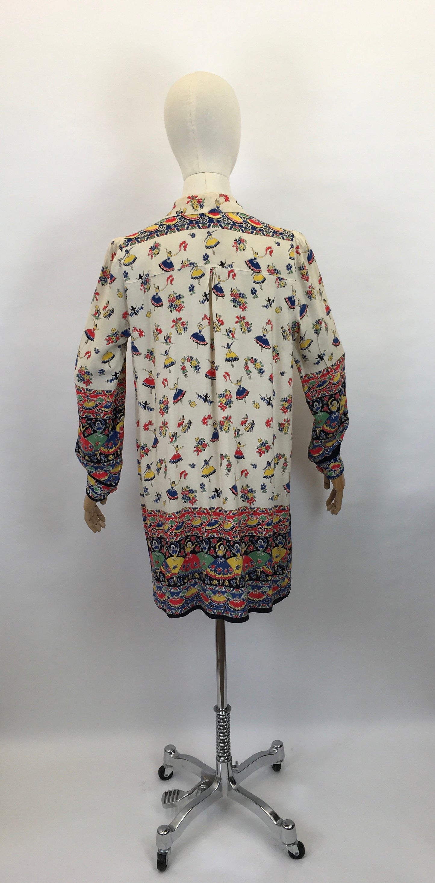 Original 1940s CC41 St. Michael Novelty Print Smock - In Fabulous Dancer Print in Bright Primary Colours