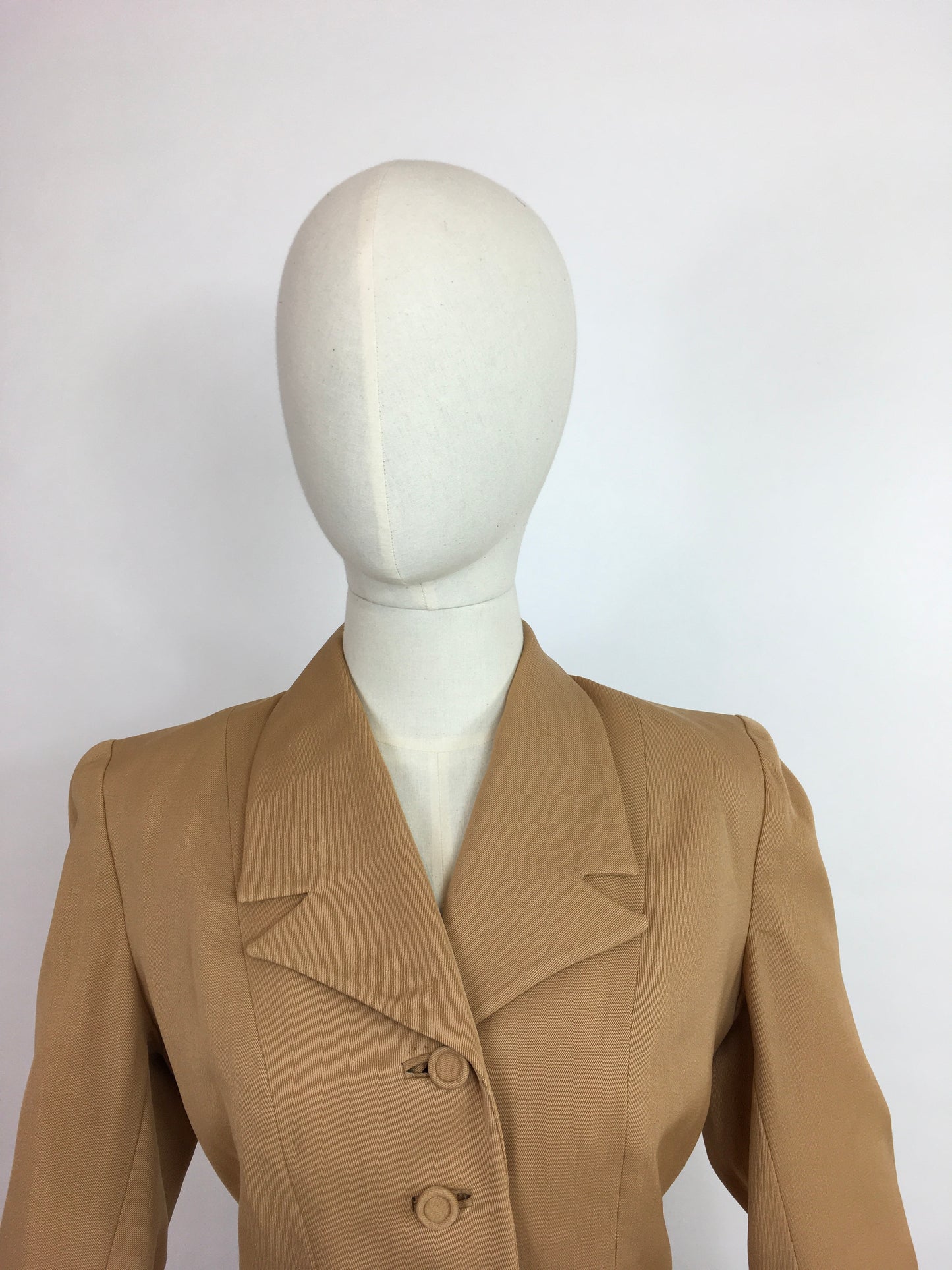 Original 1940’s 2 piece suit In A Lovely Soft Caramel Garbadine - With Amazing Arrow and Button Detailing