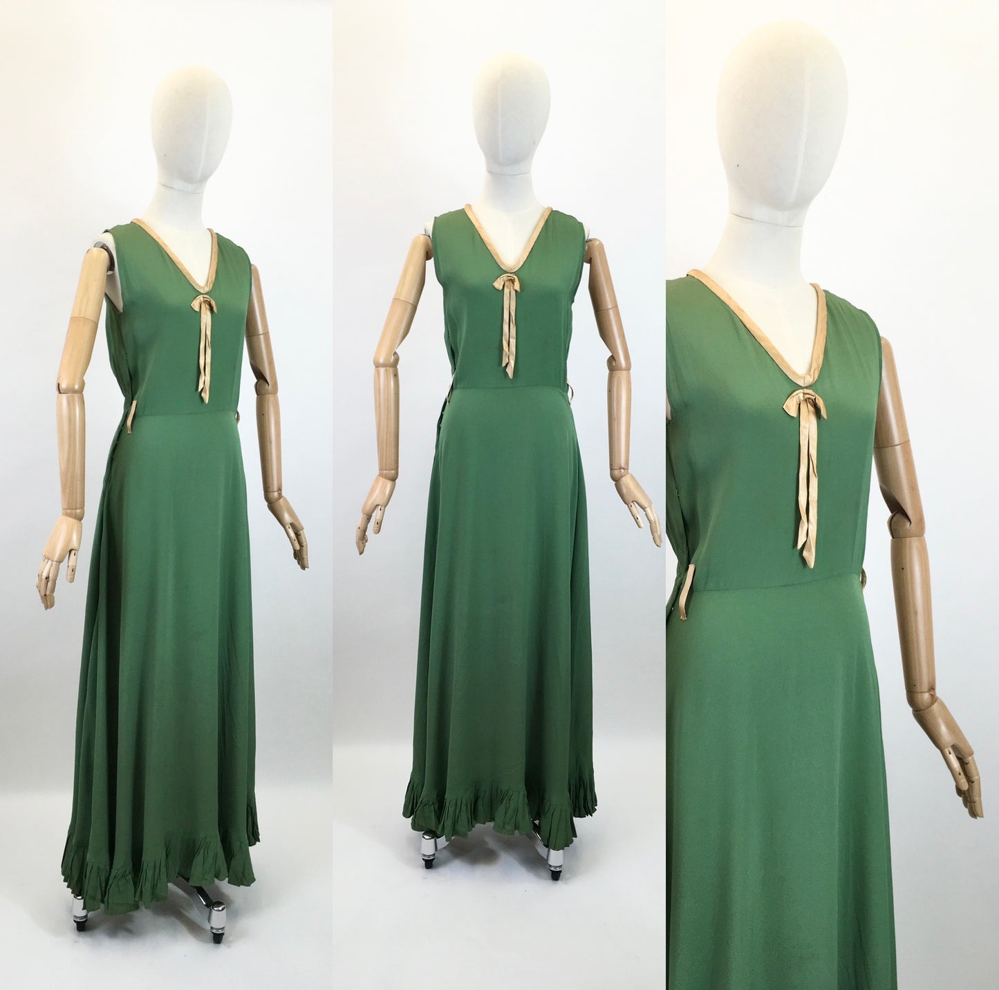 Original 1930's Darling Evening Dress - In Deco Green With Gold Trim