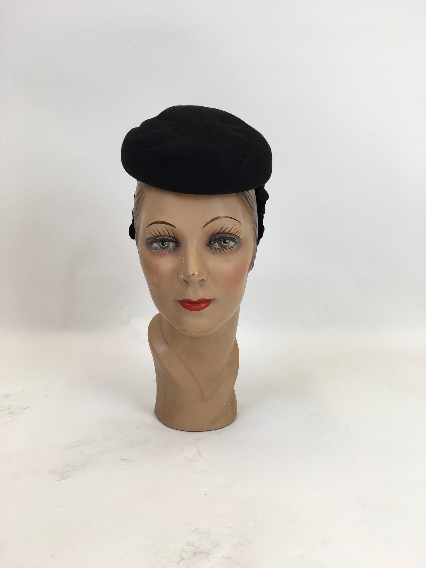 Original 1940's Darling Black Tilt Topper Hat - With Floral Adorned Back Plate