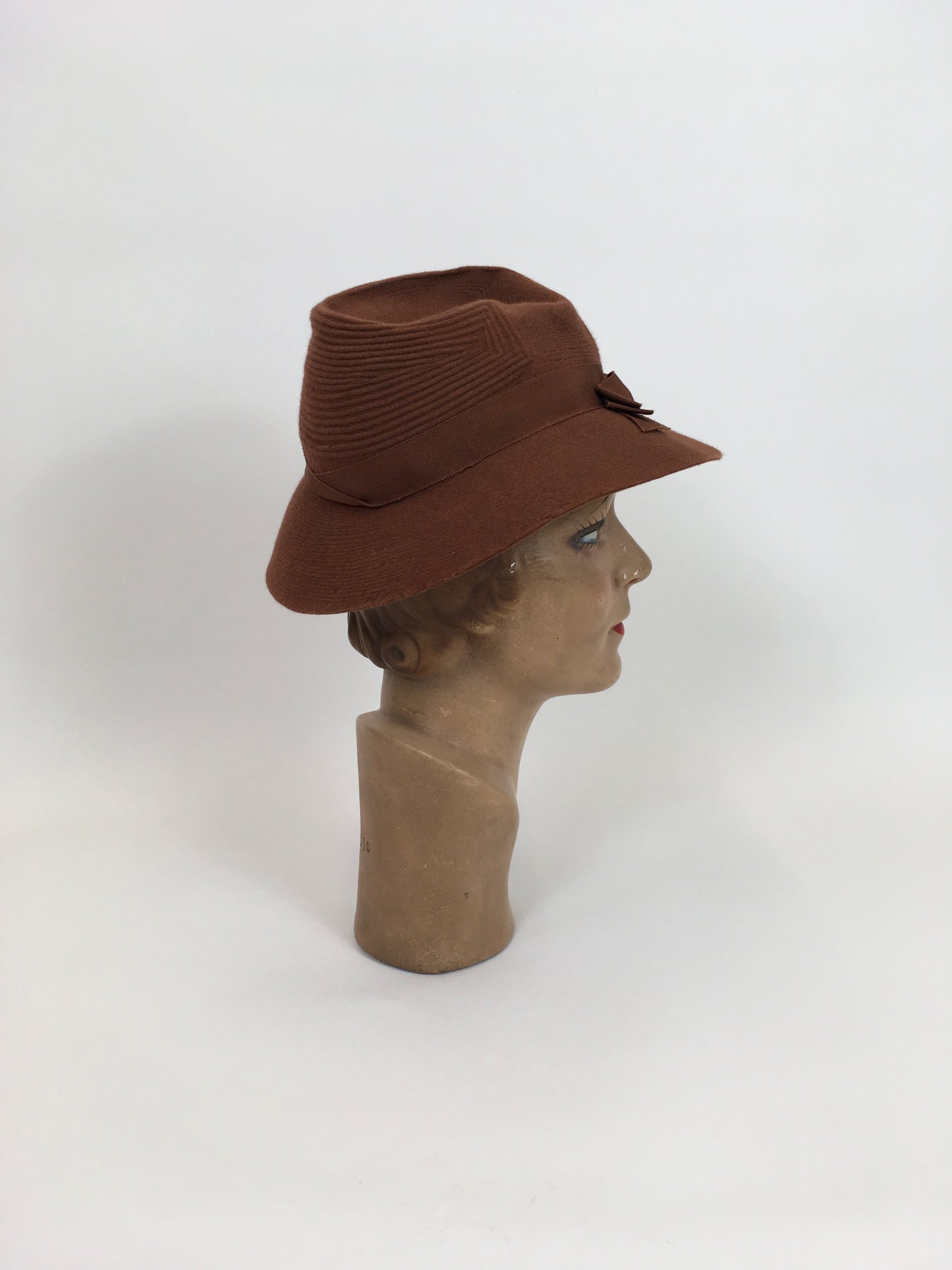 Original 1940's Sensational Fedora Hat - In A Warm Cinnamon With Stitchwork Detailing