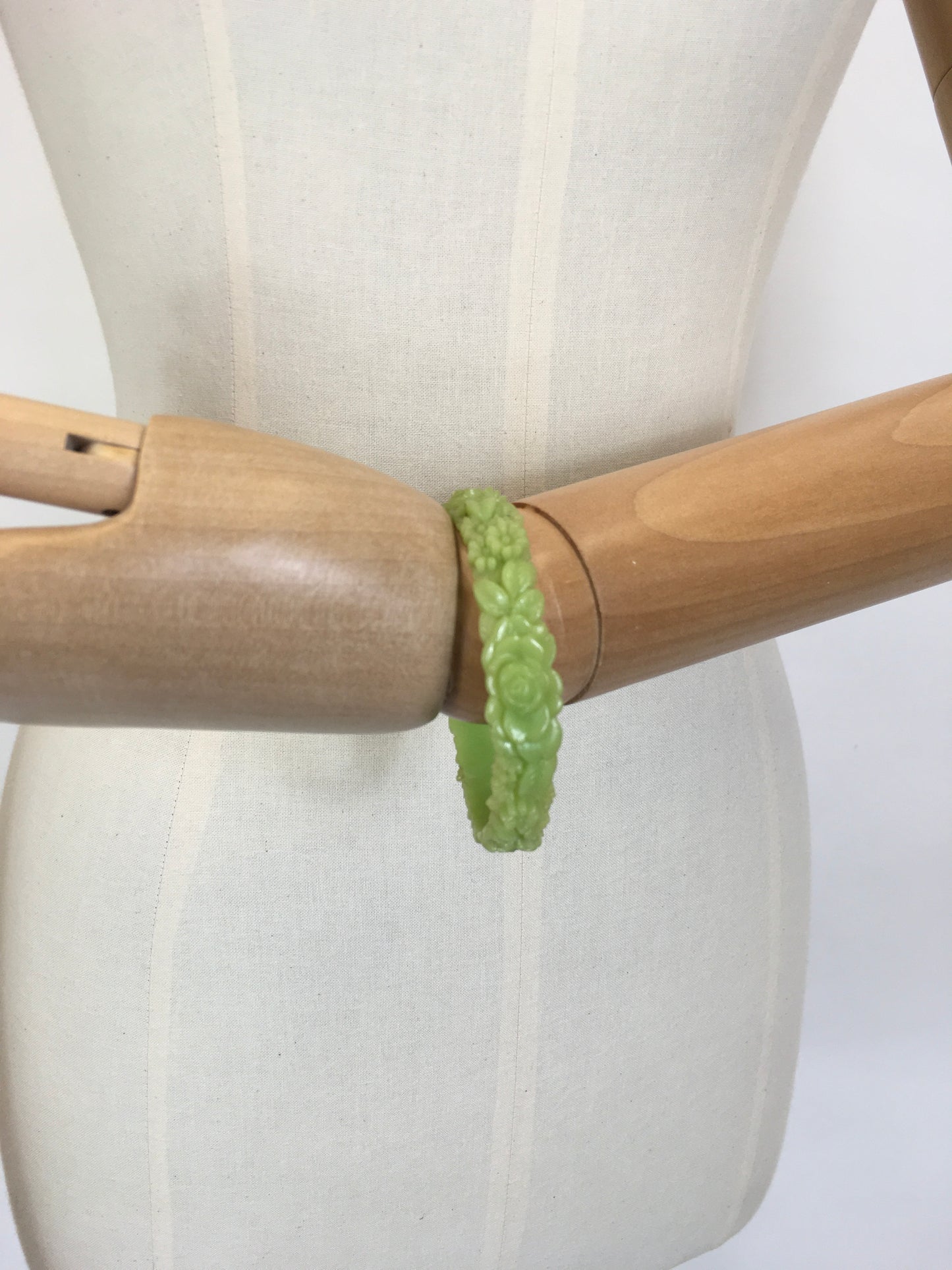 Original 1930’s Carved Floral Celluloid Bangle - In Deco Green