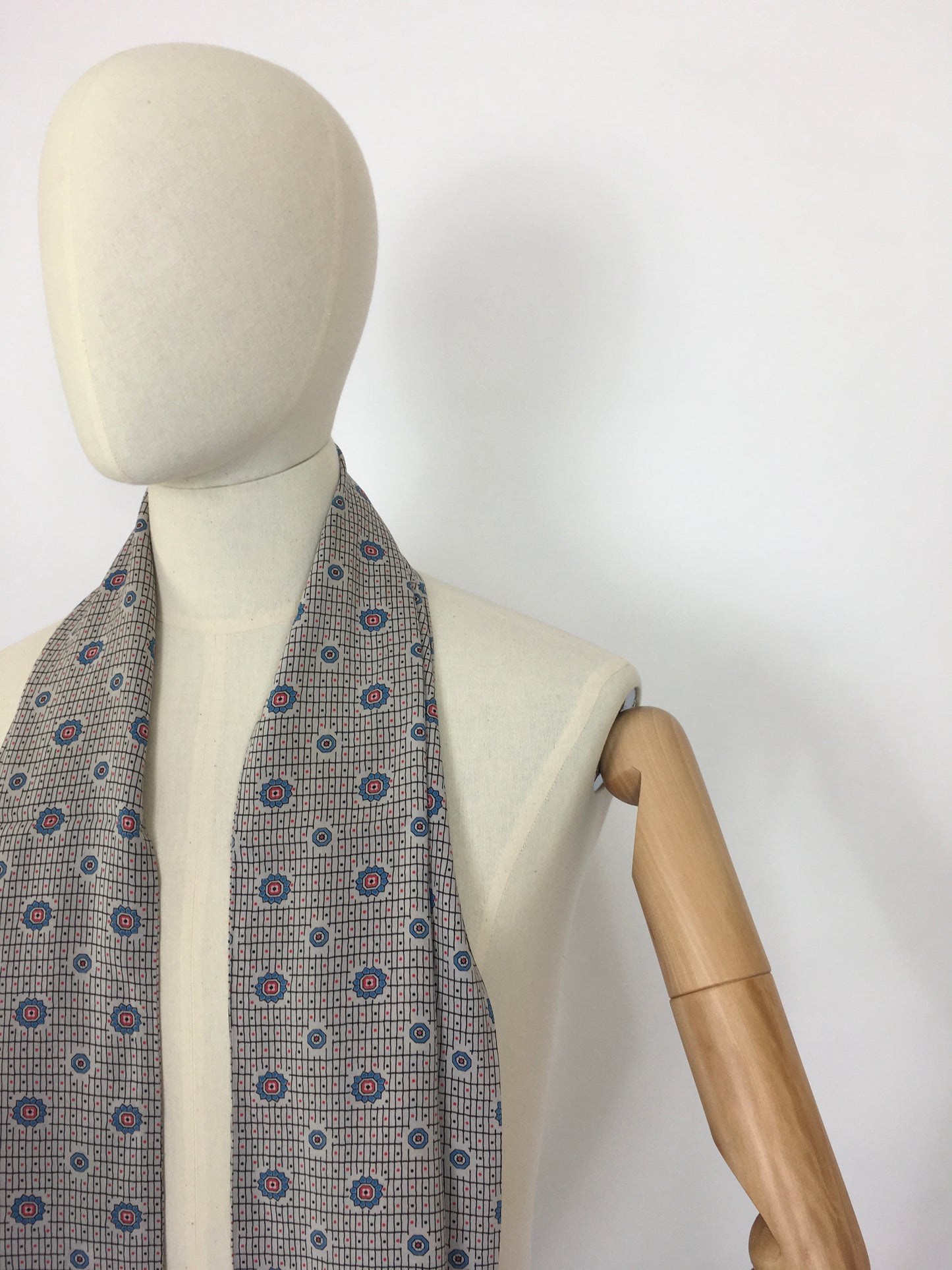 Original Late 1940’s Mens Scarf - Geometric Print in Greys, Blues and Reds