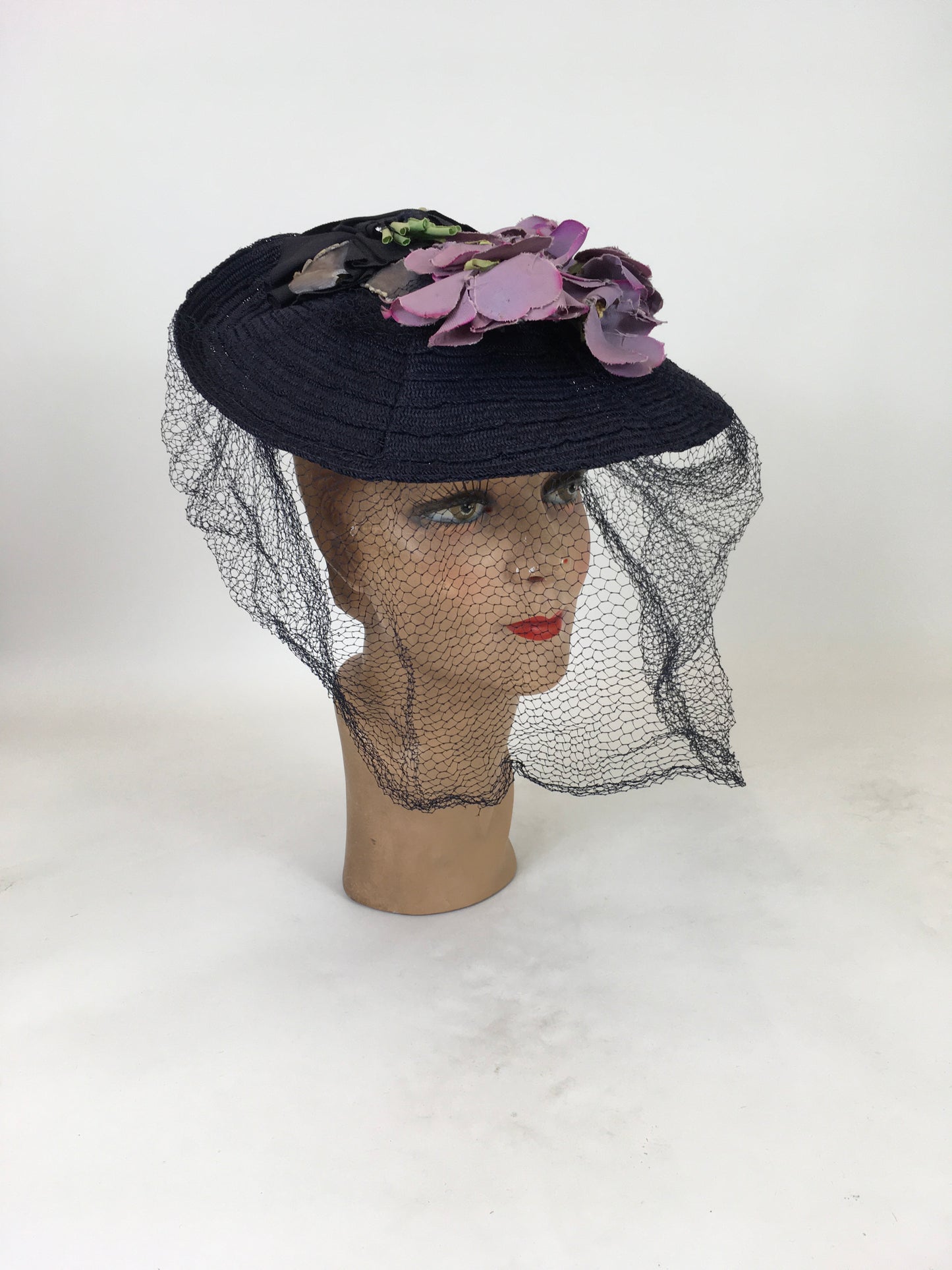 Original 1940's Sensational Navy Straw Tilt Hat - Adorned With Purple Millinery Blooms