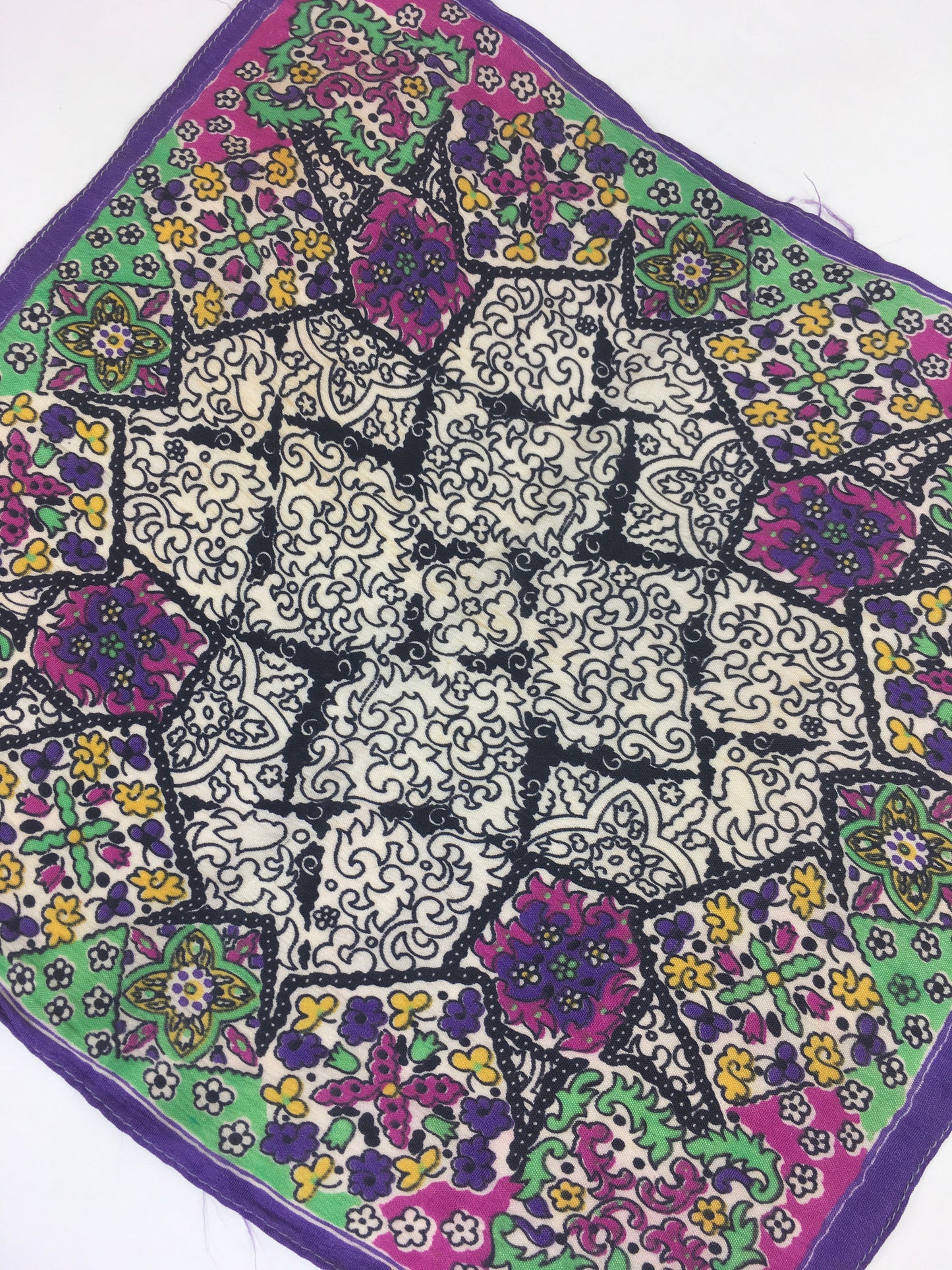 Original 1940’s Rayon Hankie - In Purple, Green, Black & Yellow