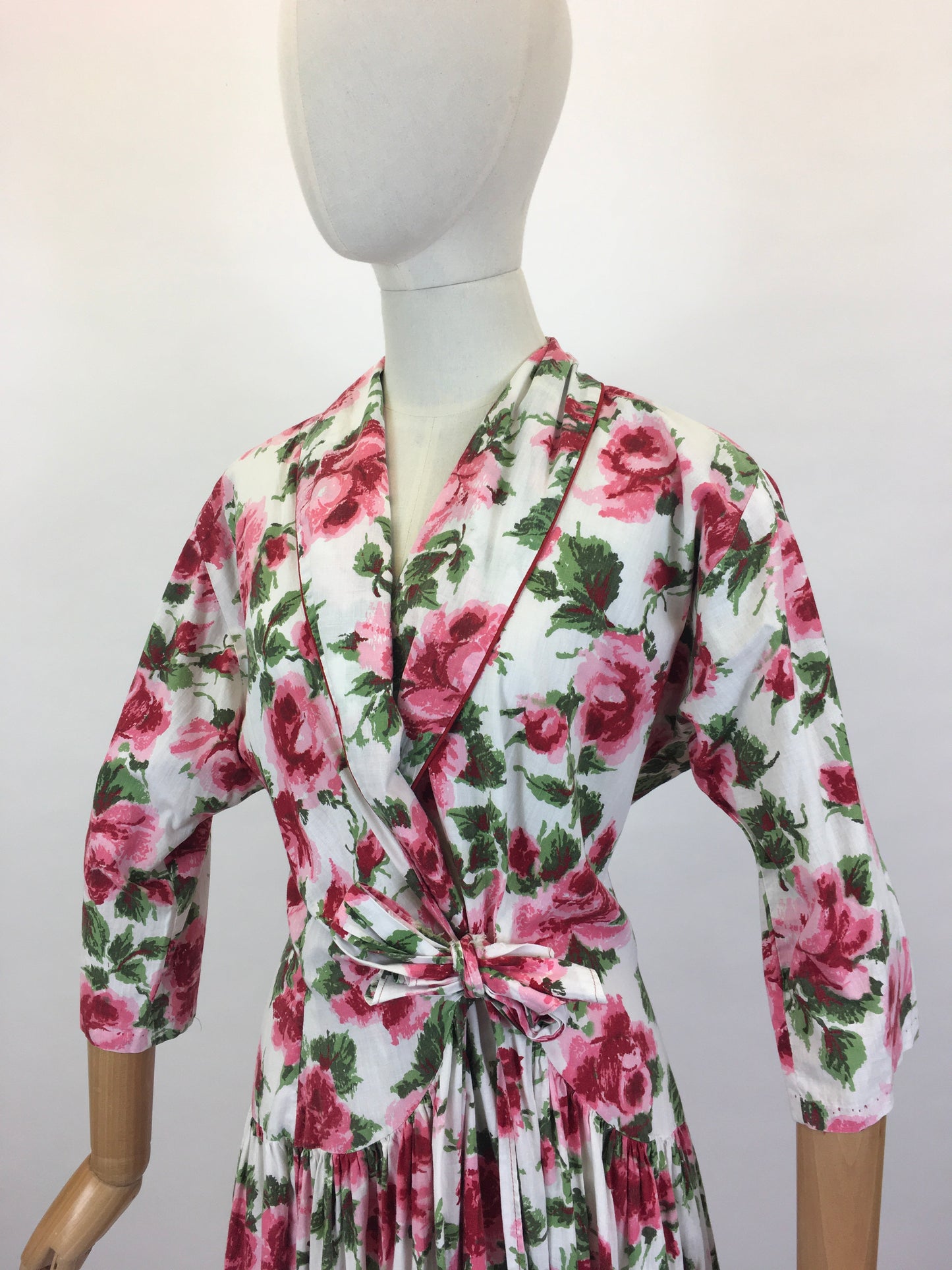 Original 1950’s Darling Wraparound House Dress in A Pink Rose Print - ‘ A Kitchen Formal ‘